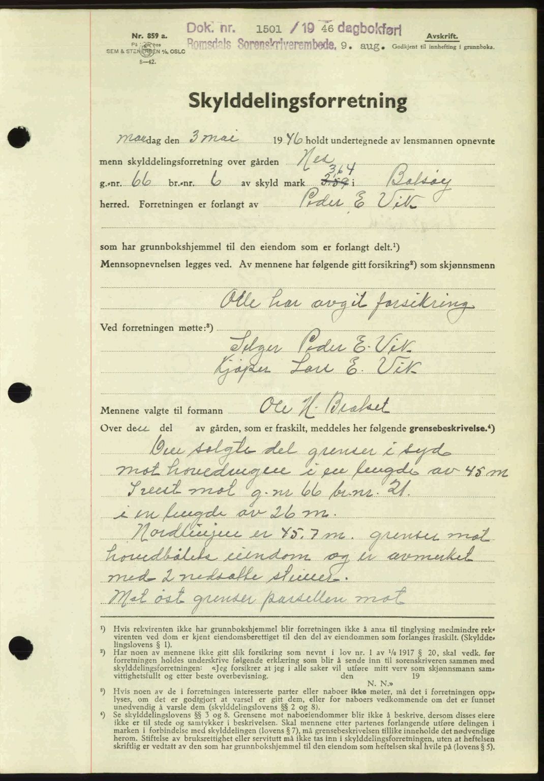 Romsdal sorenskriveri, AV/SAT-A-4149/1/2/2C: Mortgage book no. A20, 1946-1946, Diary no: : 1501/1946