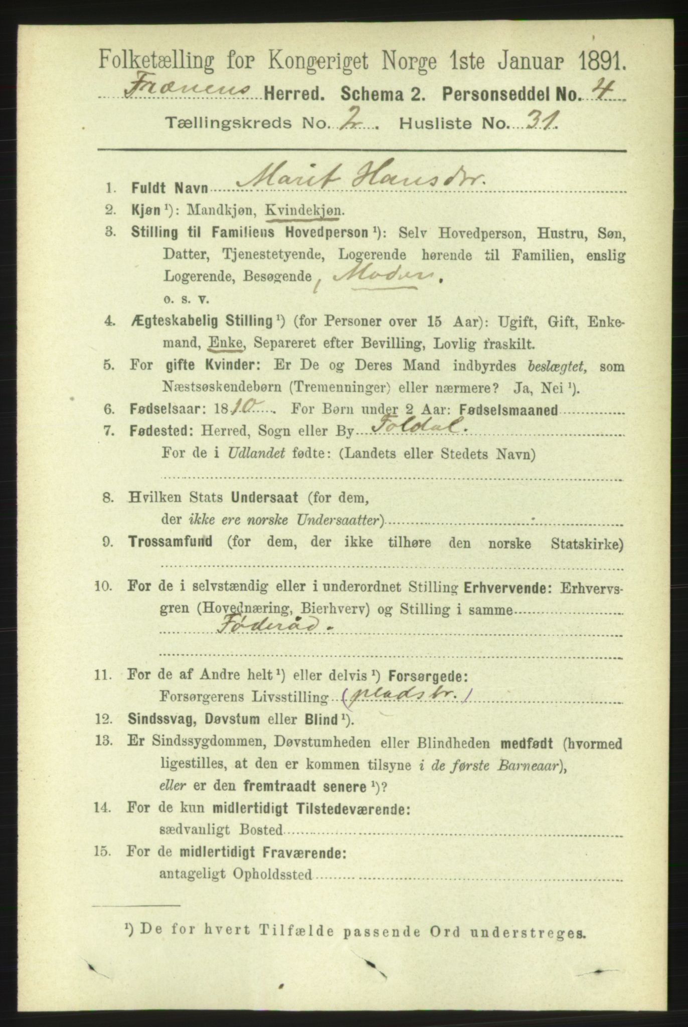 RA, 1891 census for 1548 Fræna, 1891, p. 658