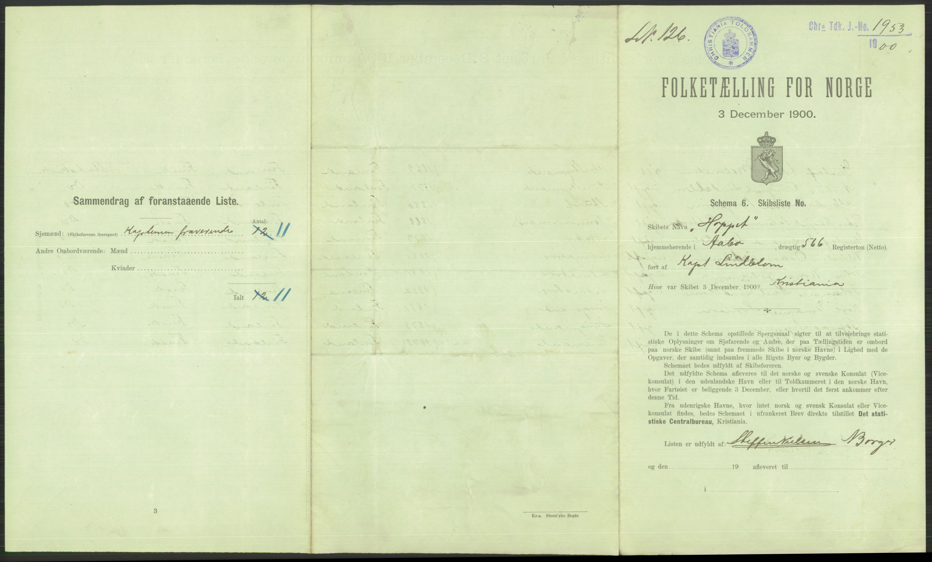 RA, 1900 Census - ship lists from ships in Norwegian harbours, harbours abroad and at sea, 1900, p. 363