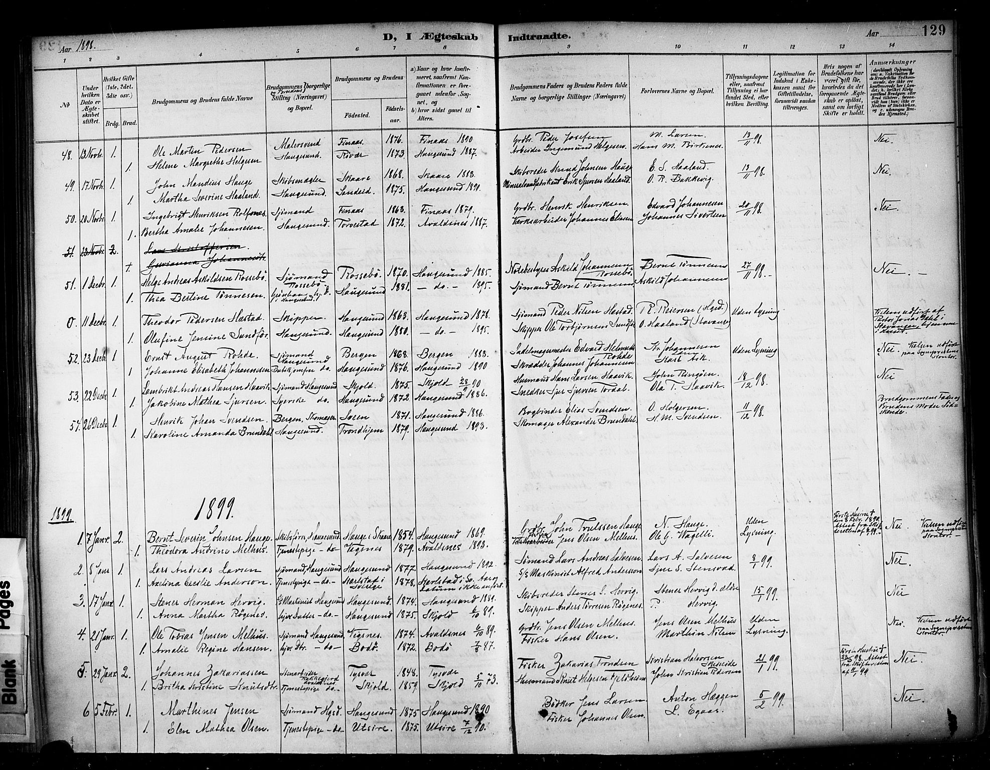 Haugesund sokneprestkontor, AV/SAST-A -101863/H/Ha/Haa/L0005: Parish register (official) no. A 5, 1891-1903, p. 129