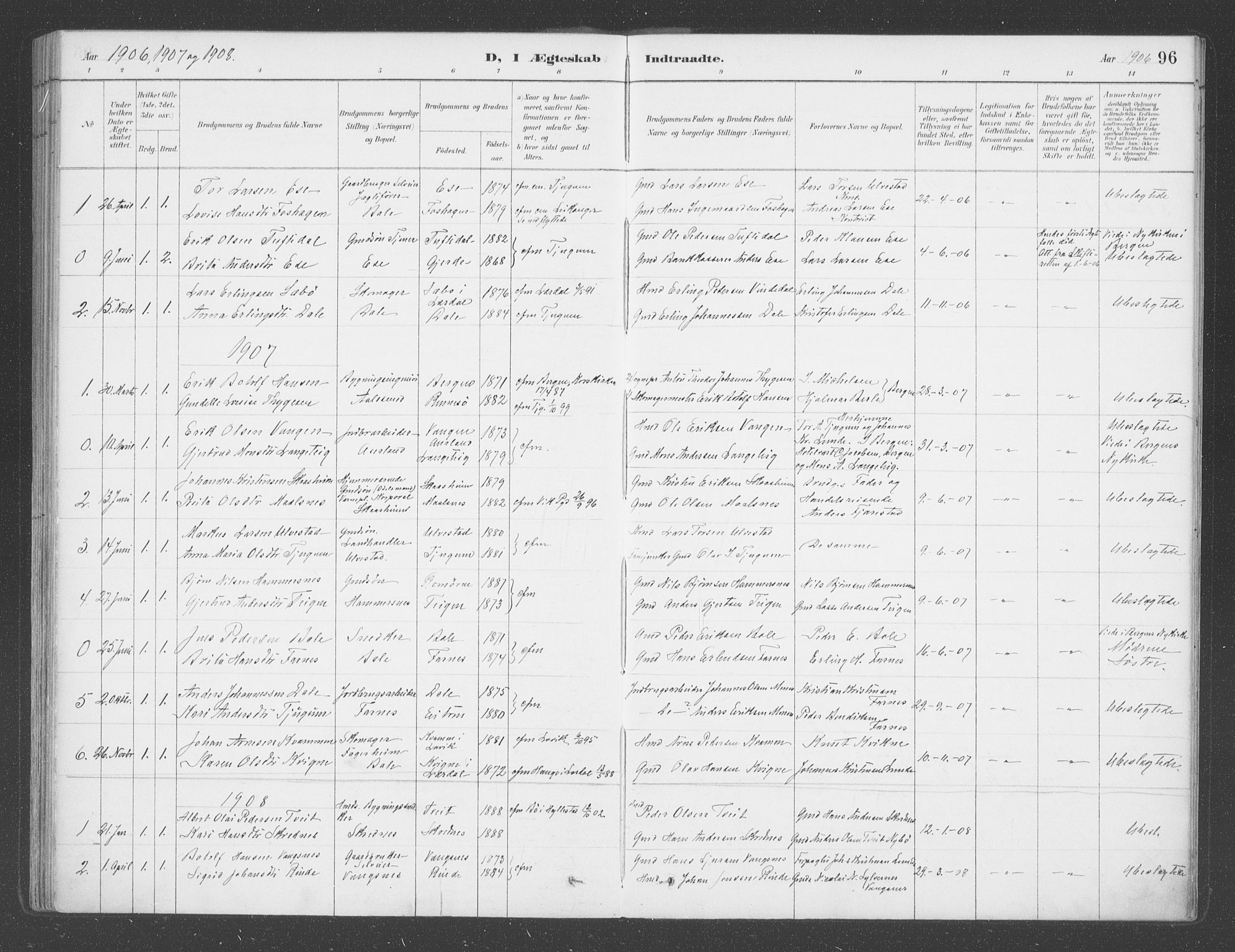 Balestrand sokneprestembete, SAB/A-79601/H/Haa/Haab/L0001: Parish register (official) no. B  1, 1889-1910, p. 96