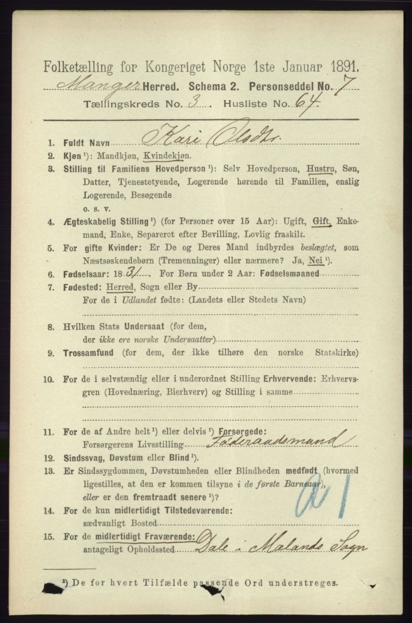 RA, 1891 census for 1261 Manger, 1891, p. 1856