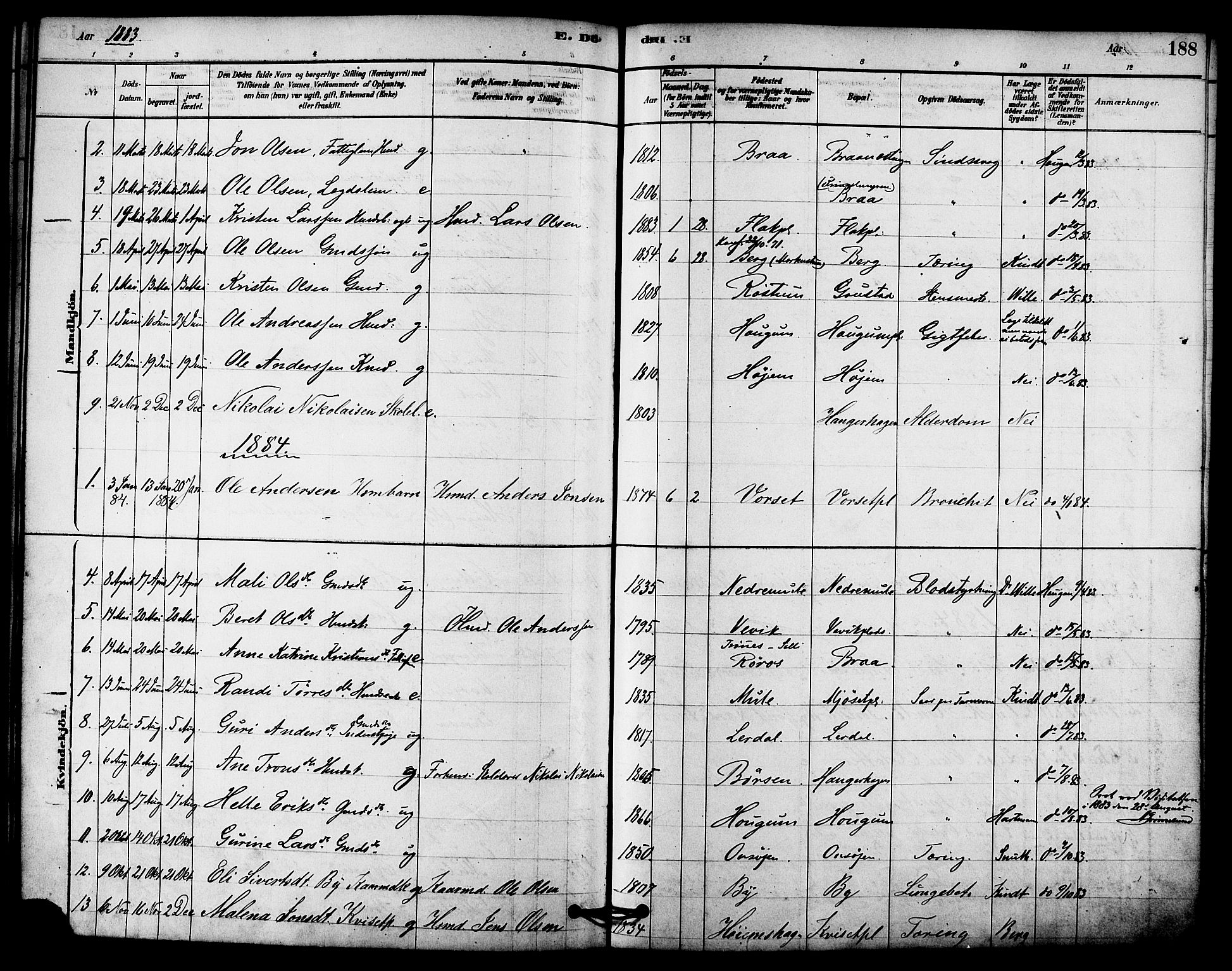 Ministerialprotokoller, klokkerbøker og fødselsregistre - Sør-Trøndelag, AV/SAT-A-1456/612/L0378: Parish register (official) no. 612A10, 1878-1897, p. 188
