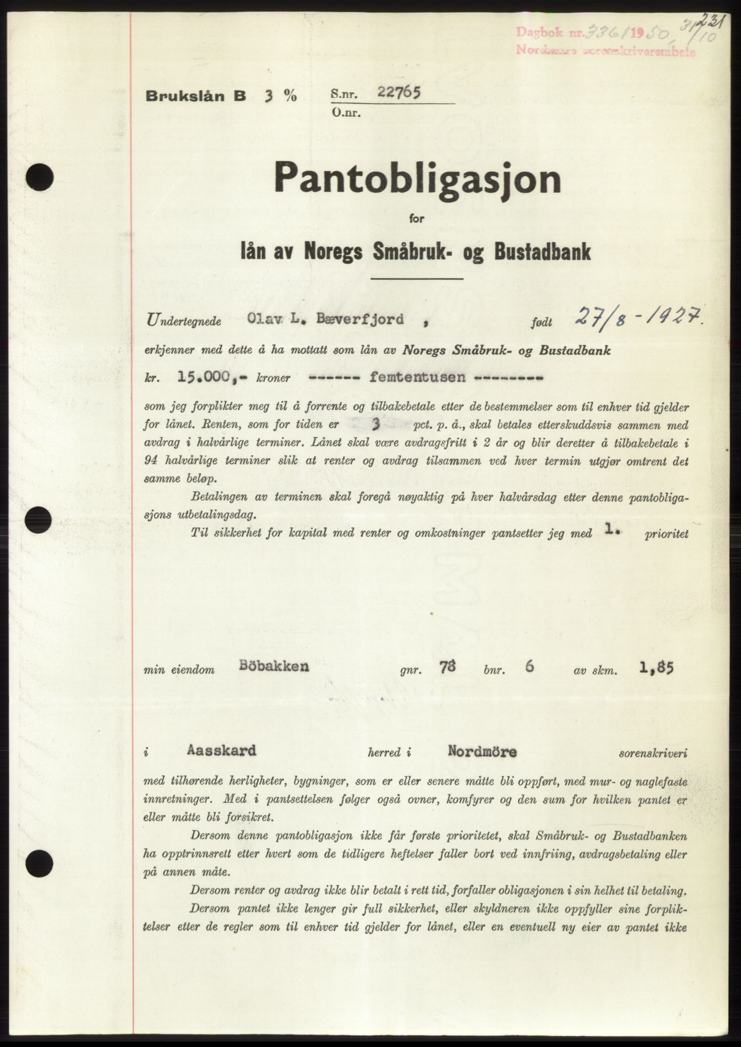 Nordmøre sorenskriveri, AV/SAT-A-4132/1/2/2Ca: Mortgage book no. B106, 1950-1950, Diary no: : 3361/1950