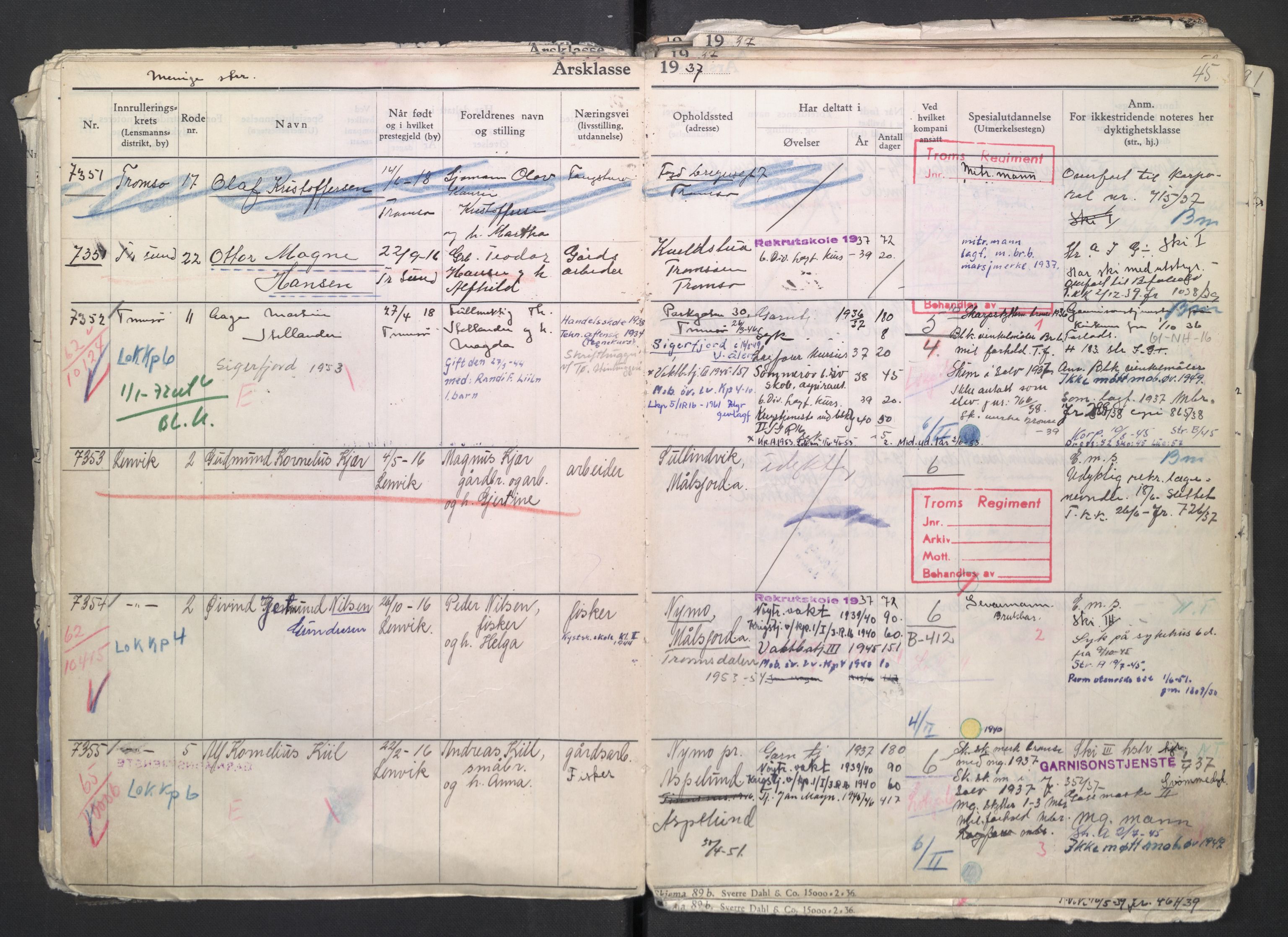 Forsvaret, Troms infanteriregiment nr. 16, AV/RA-RAFA-3146/P/Pa/L0007/0002: Ruller / Rulle for regimentets menige mannskaper, årsklasse 1937, 1937, p. 45