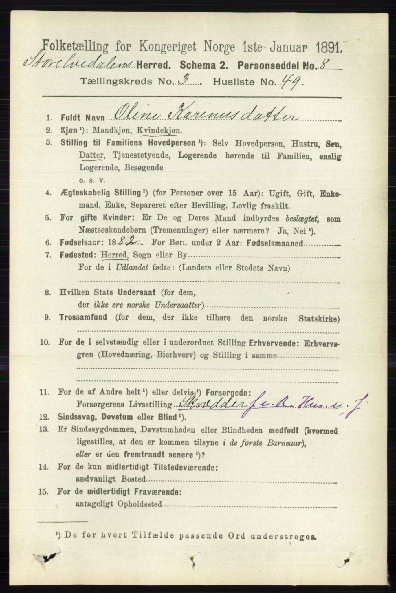 RA, 1891 census for 0430 Stor-Elvdal, 1891, p. 1186