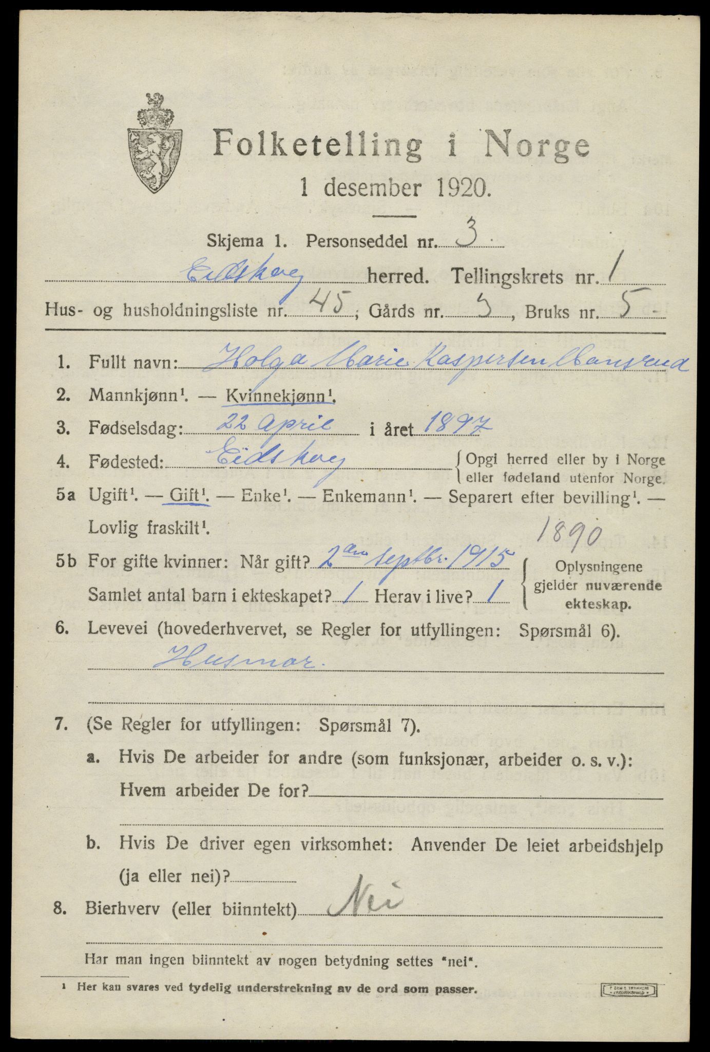 SAH, 1920 census for Eidskog, 1920, p. 2943