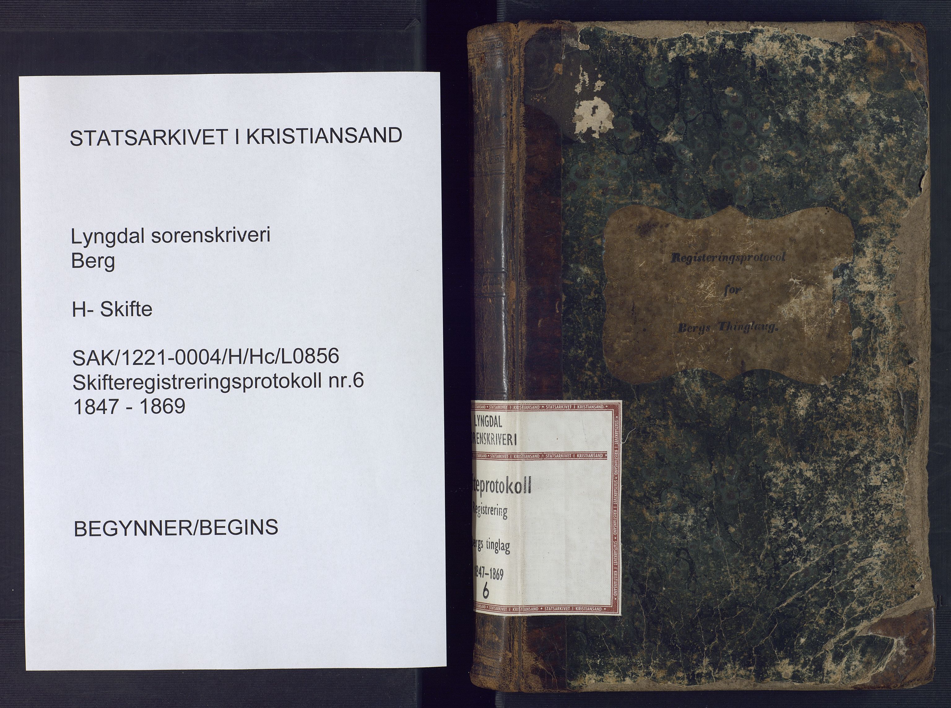Lyngdal sorenskriveri, SAK/1221-0004/H/Hc/L0856: Skifteregistreringsprotokoll nr. 6, Berg tinglag, 1847-1869