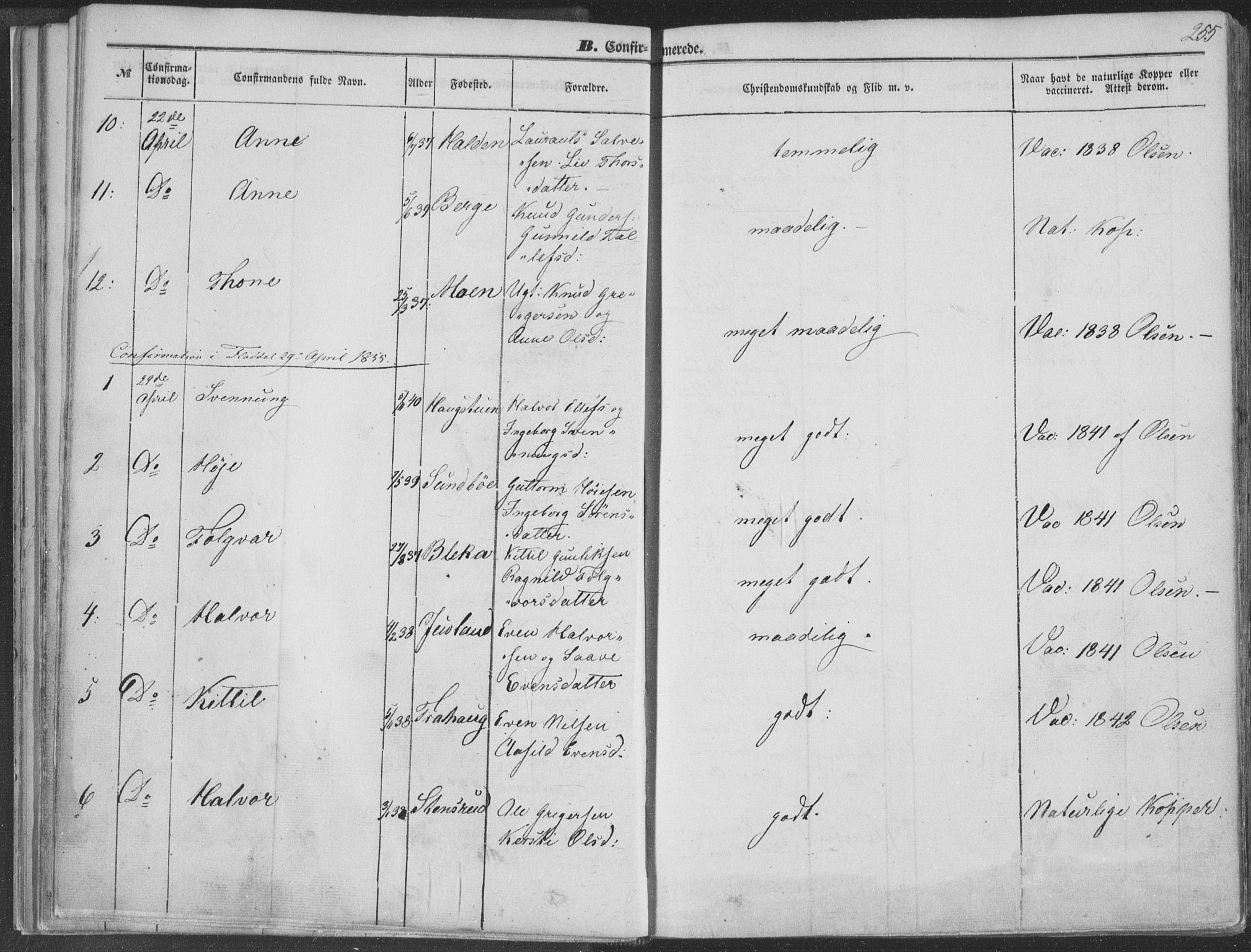 Seljord kirkebøker, AV/SAKO-A-20/F/Fa/L012b: Parish register (official) no. I 12B, 1850-1865, p. 255