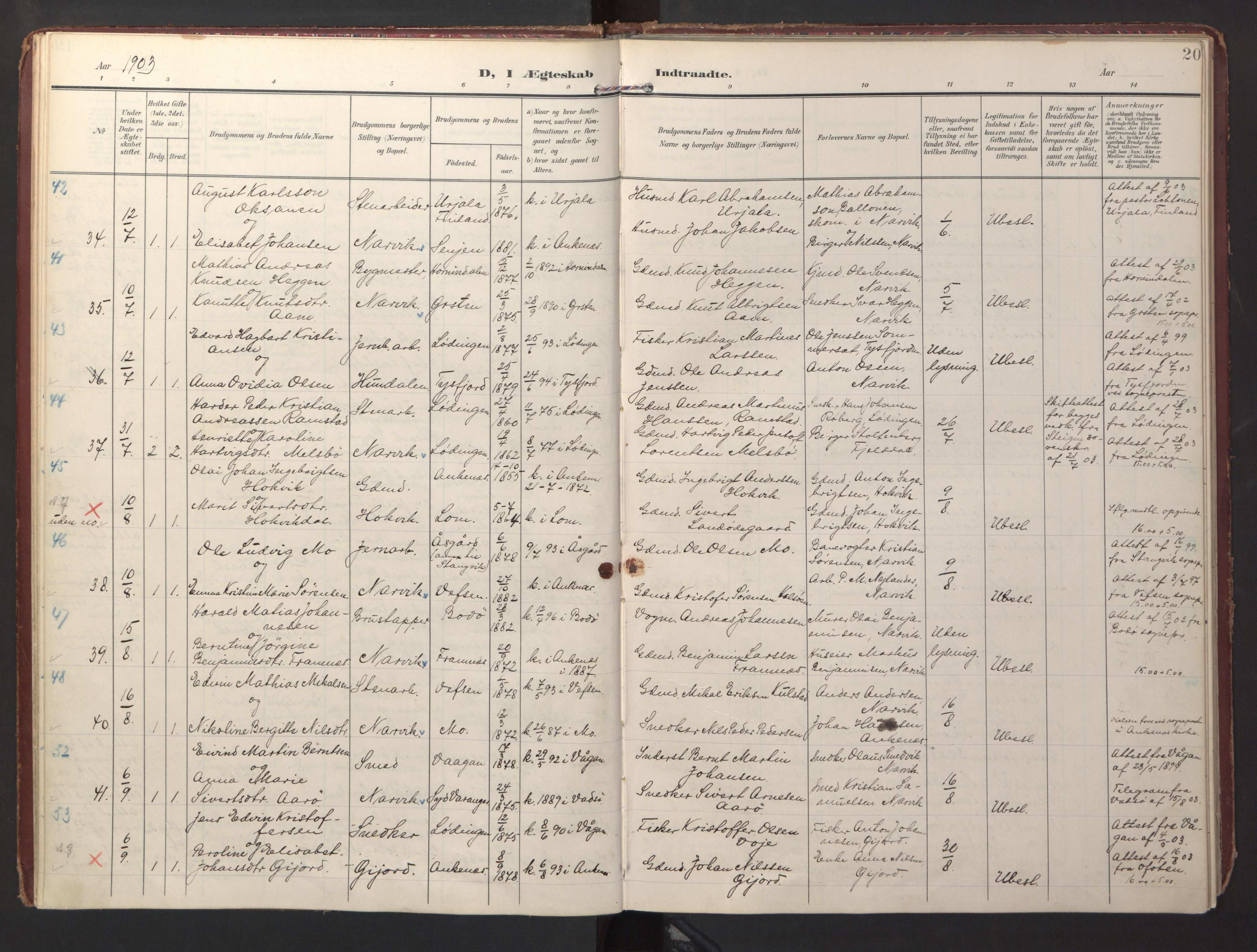 Ministerialprotokoller, klokkerbøker og fødselsregistre - Nordland, AV/SAT-A-1459/871/L0999: Parish register (official) no. 871A15, 1902-1917, p. 20