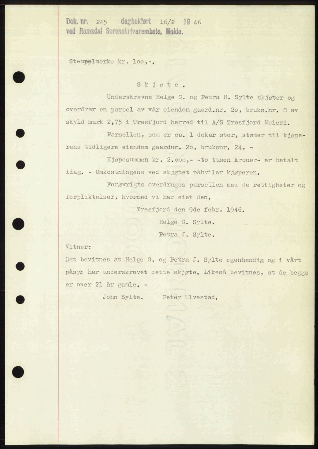 Romsdal sorenskriveri, SAT/A-4149/1/2/2C: Mortgage book no. A19, 1946-1946, Diary no: : 245/1946