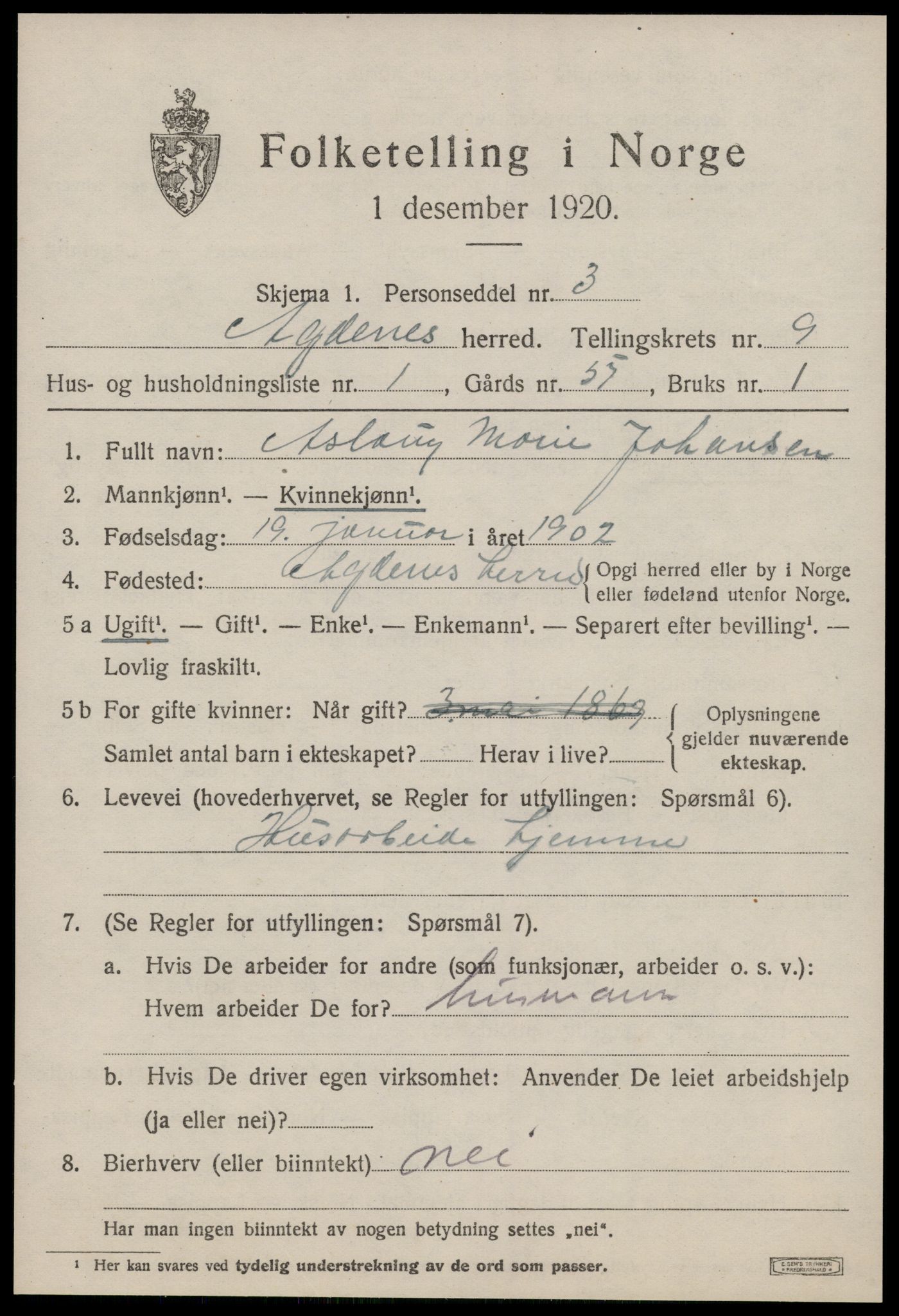 SAT, 1920 census for Agdenes, 1920, p. 3063
