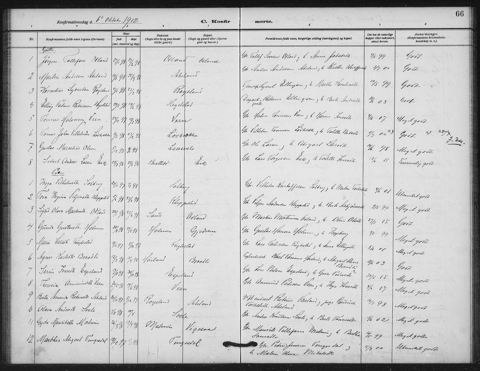 Helleland sokneprestkontor, SAST/A-101810: Parish register (official) no. A 11, 1909-1922, p. 66