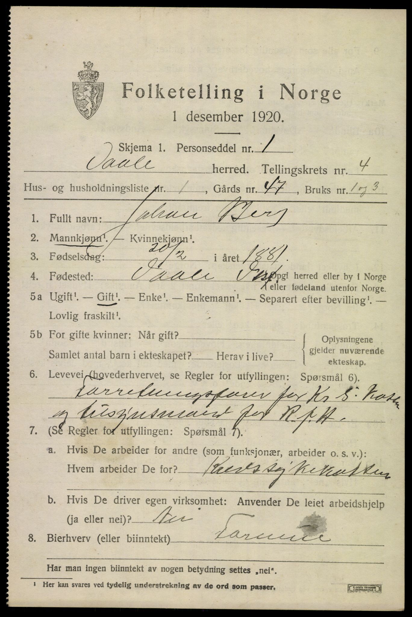 SAKO, 1920 census for Våle, 1920, p. 3142