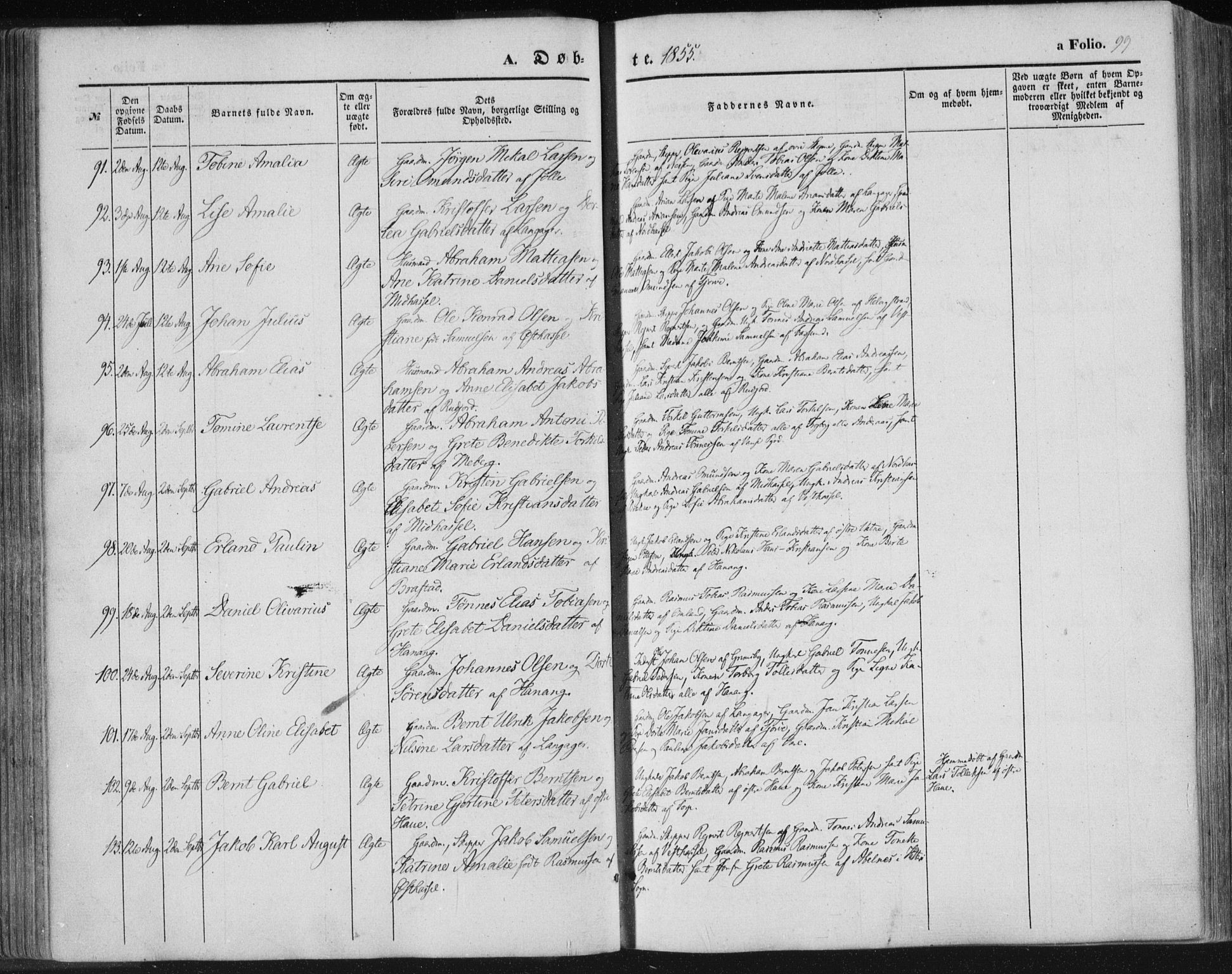 Lista sokneprestkontor, SAK/1111-0027/F/Fa/L0010: Parish register (official) no. A 10, 1846-1861, p. 99