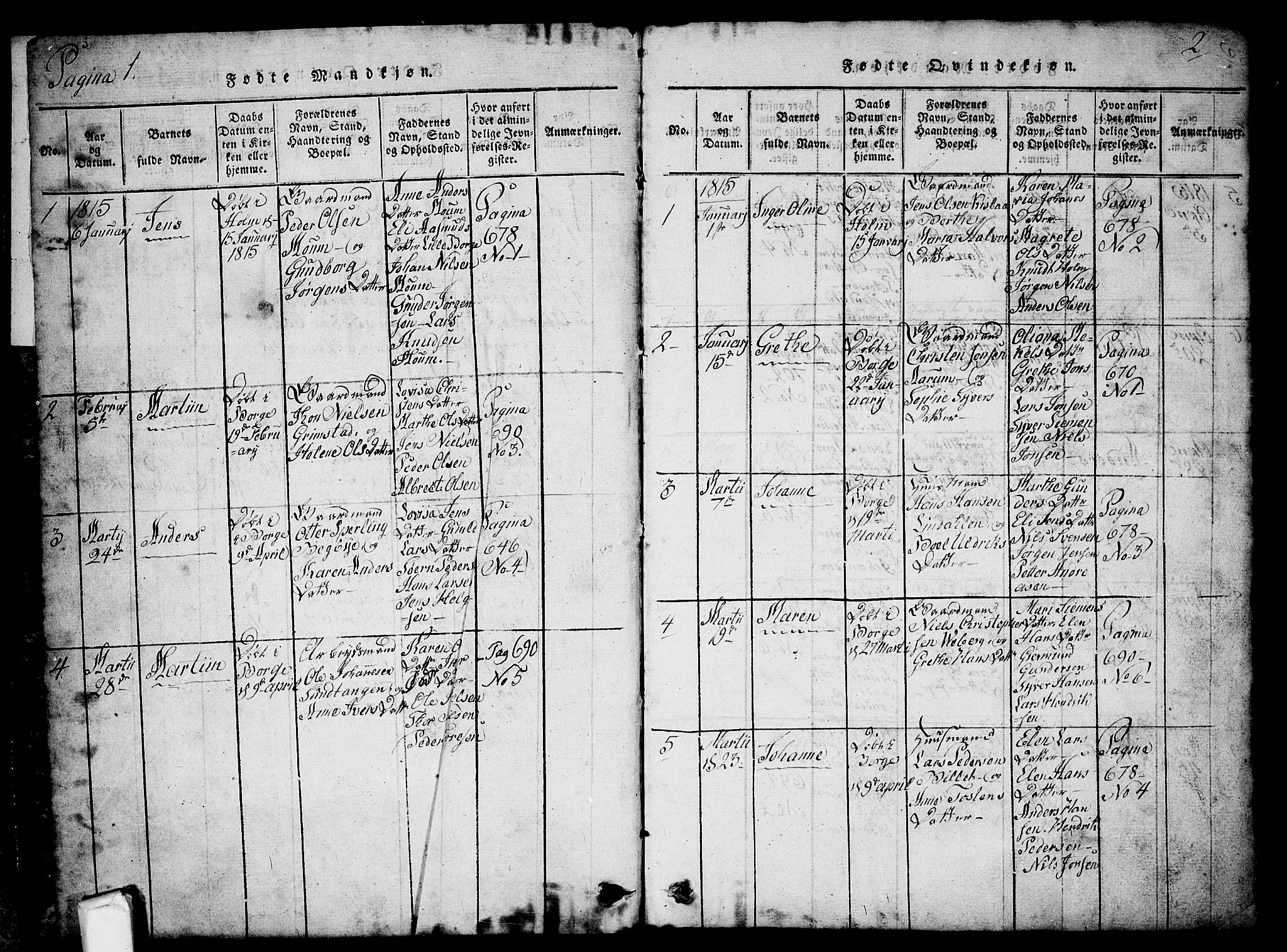 Borge prestekontor Kirkebøker, SAO/A-10903/G/Ga/L0001: Parish register (copy) no.  I 1, 1815-1835, p. 1-2