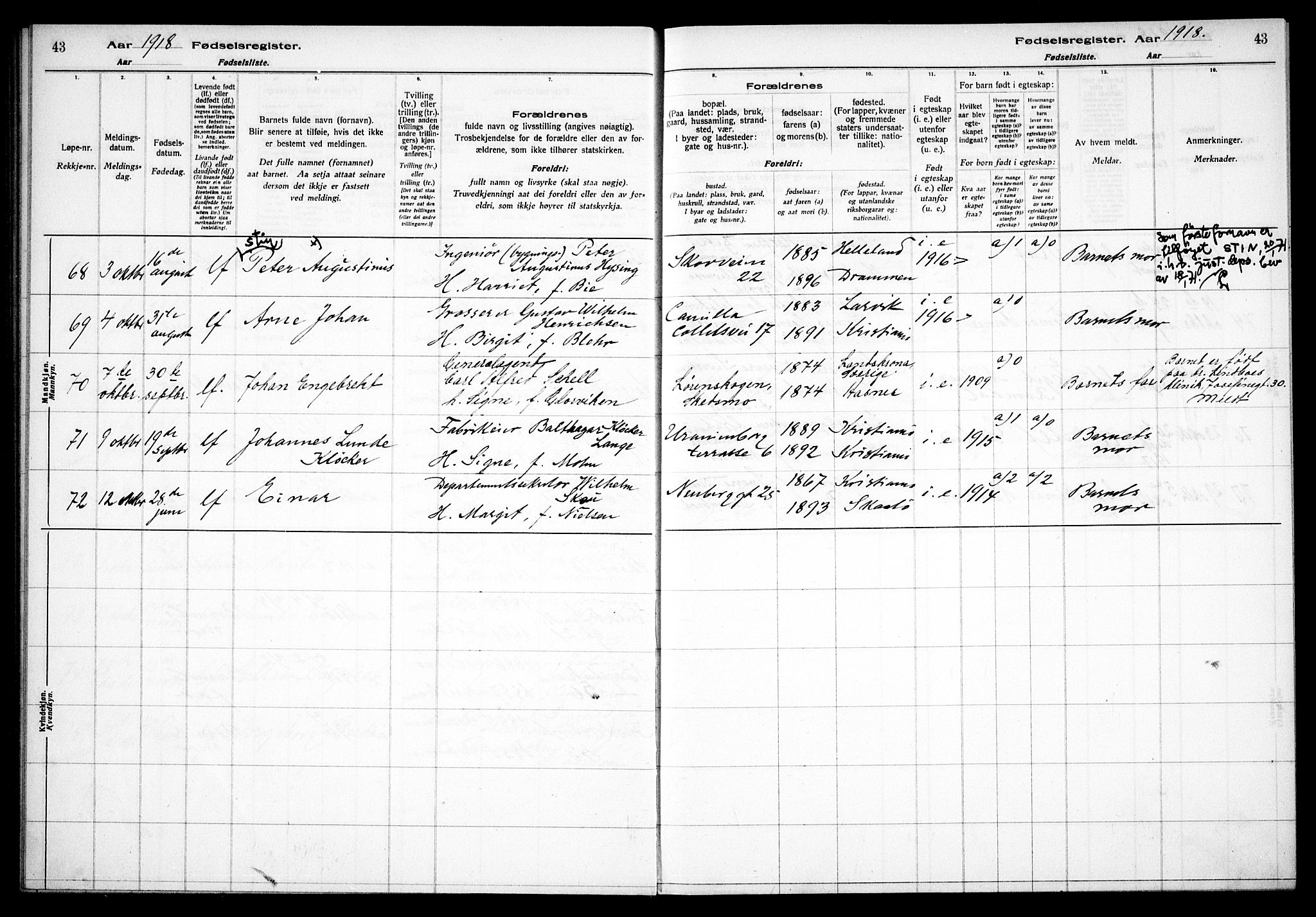 Uranienborg prestekontor Kirkebøker, AV/SAO-A-10877/J/Ja/L0001: Birth register no. 1, 1916-1930, p. 43