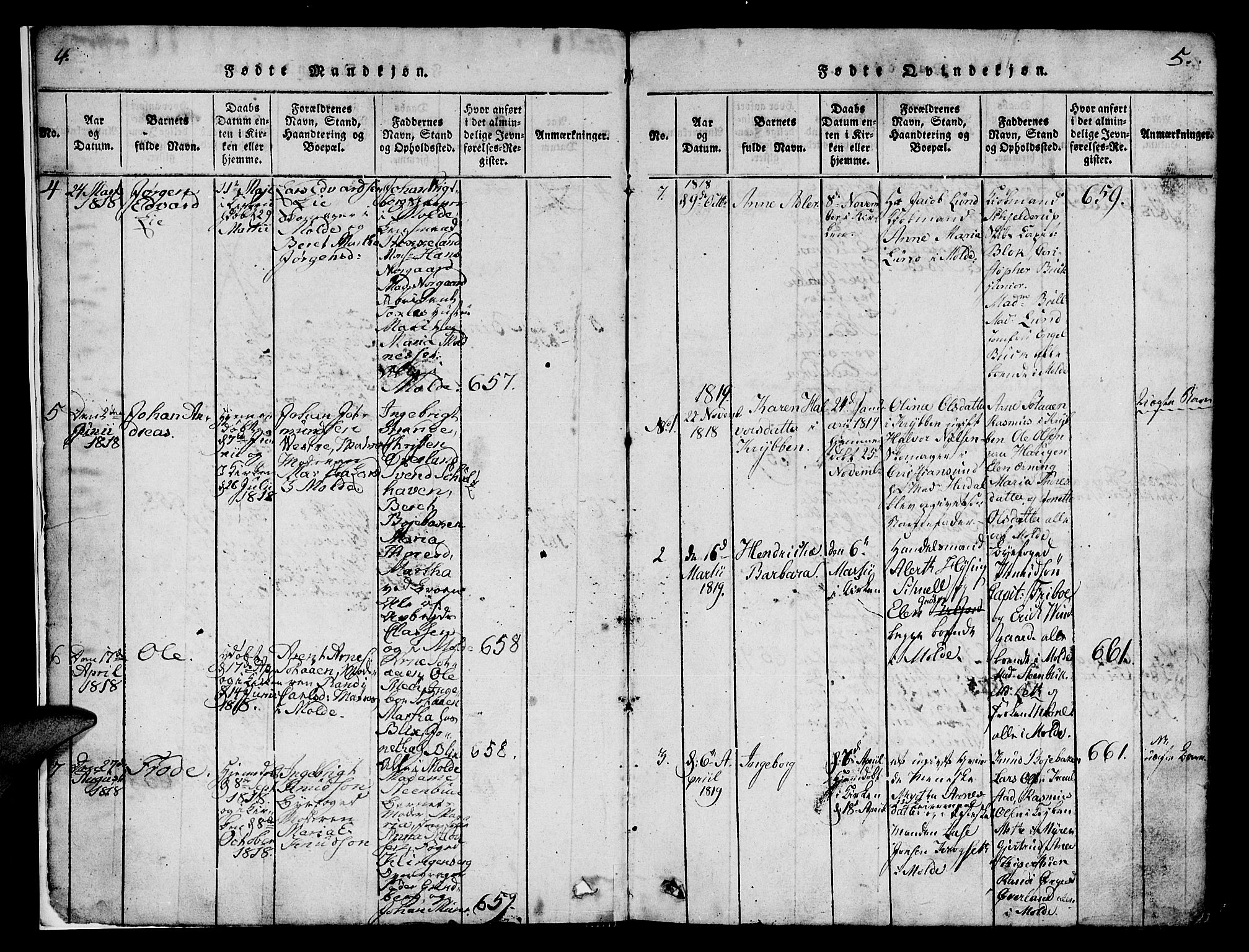 Ministerialprotokoller, klokkerbøker og fødselsregistre - Møre og Romsdal, SAT/A-1454/558/L0700: Parish register (copy) no. 558C01, 1818-1868, p. 4-5