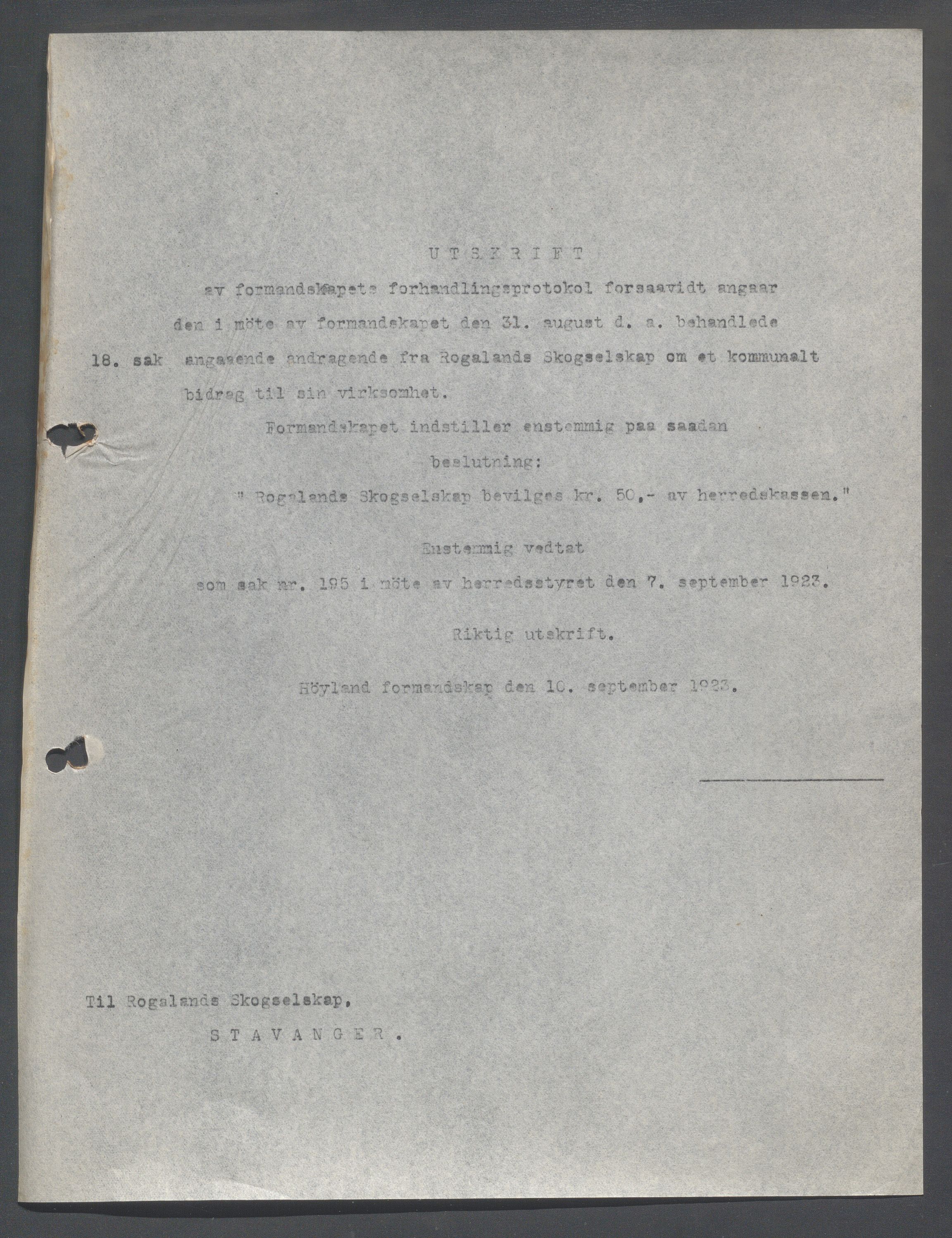 Høyland kommune - Formannskapet, IKAR/K-100046/B/L0006: Kopibok, 1920-1923, p. 707