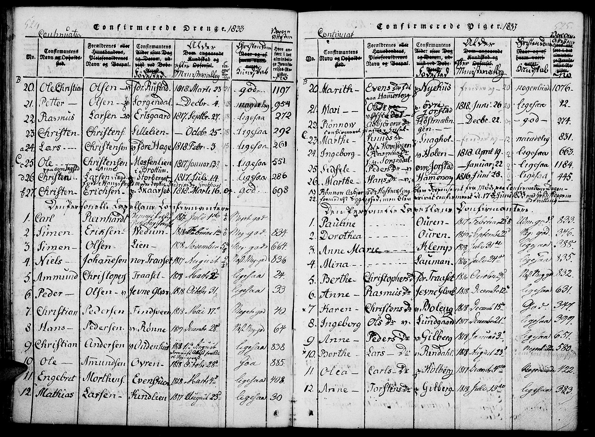 Fåberg prestekontor, SAH/PREST-086/H/Ha/Haa/L0003: Parish register (official) no. 3, 1818-1833, p. 524-525