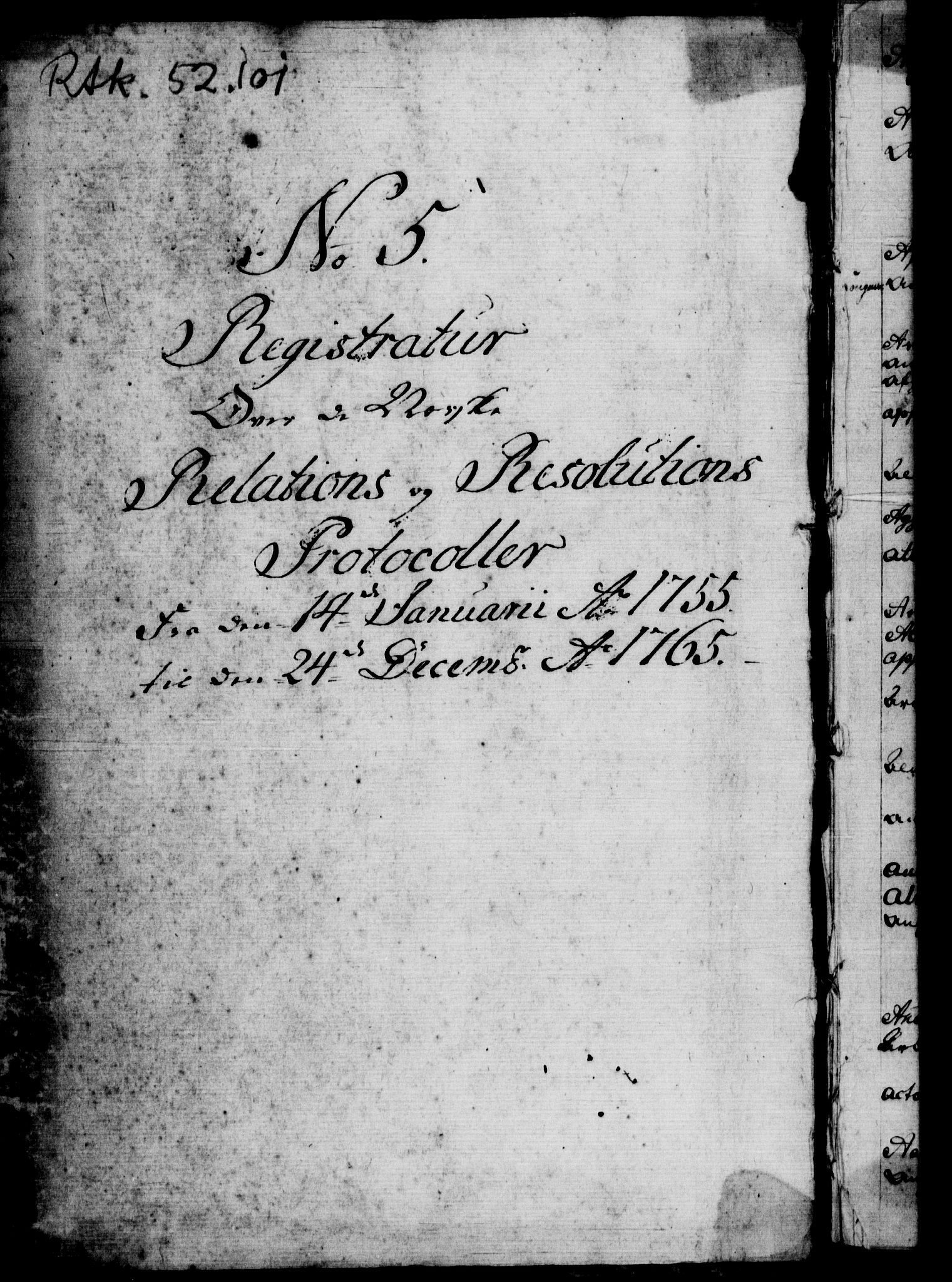 Rentekammeret, Kammerkanselliet, RA/EA-3111/G/Gf/Gfb/L0006: Register til norske relasjons- og resolusjonsprotokoller (merket RK 52.101), 1755-1765