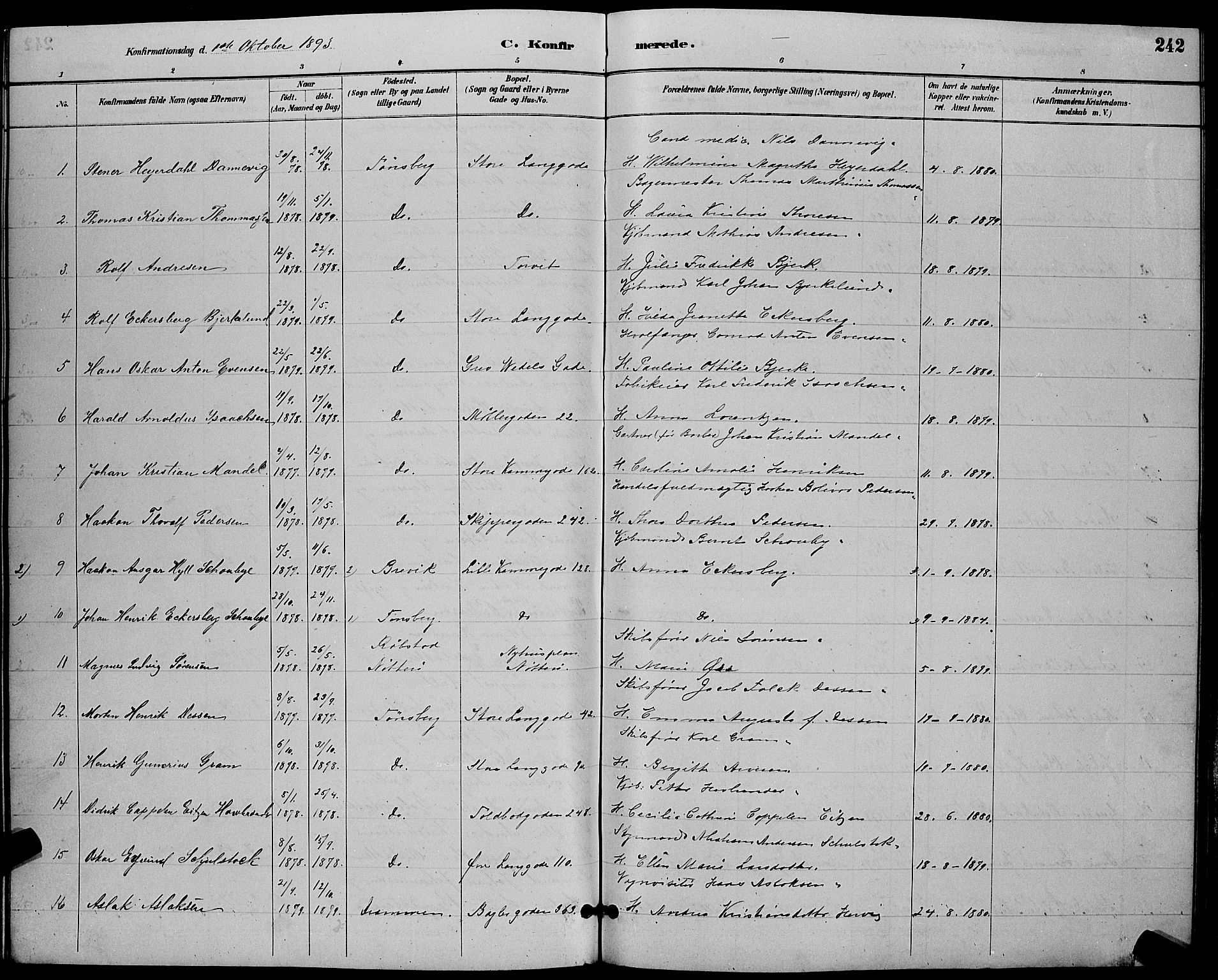 Tønsberg kirkebøker, AV/SAKO-A-330/G/Ga/L0006: Parish register (copy) no. 6, 1885-1895, p. 242