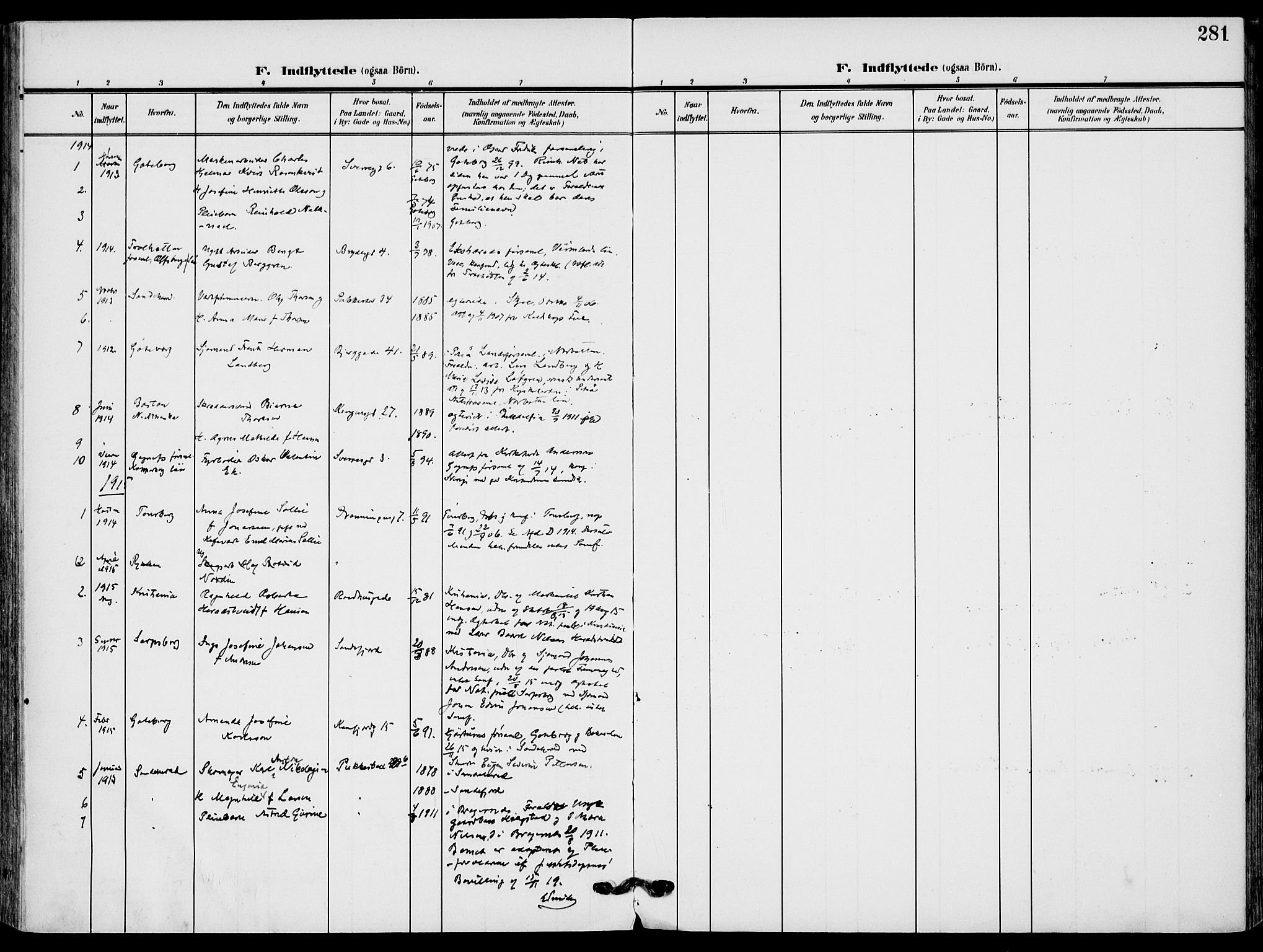 Sandefjord kirkebøker, AV/SAKO-A-315/F/Fa/L0005: Parish register (official) no. 5, 1906-1915, p. 281