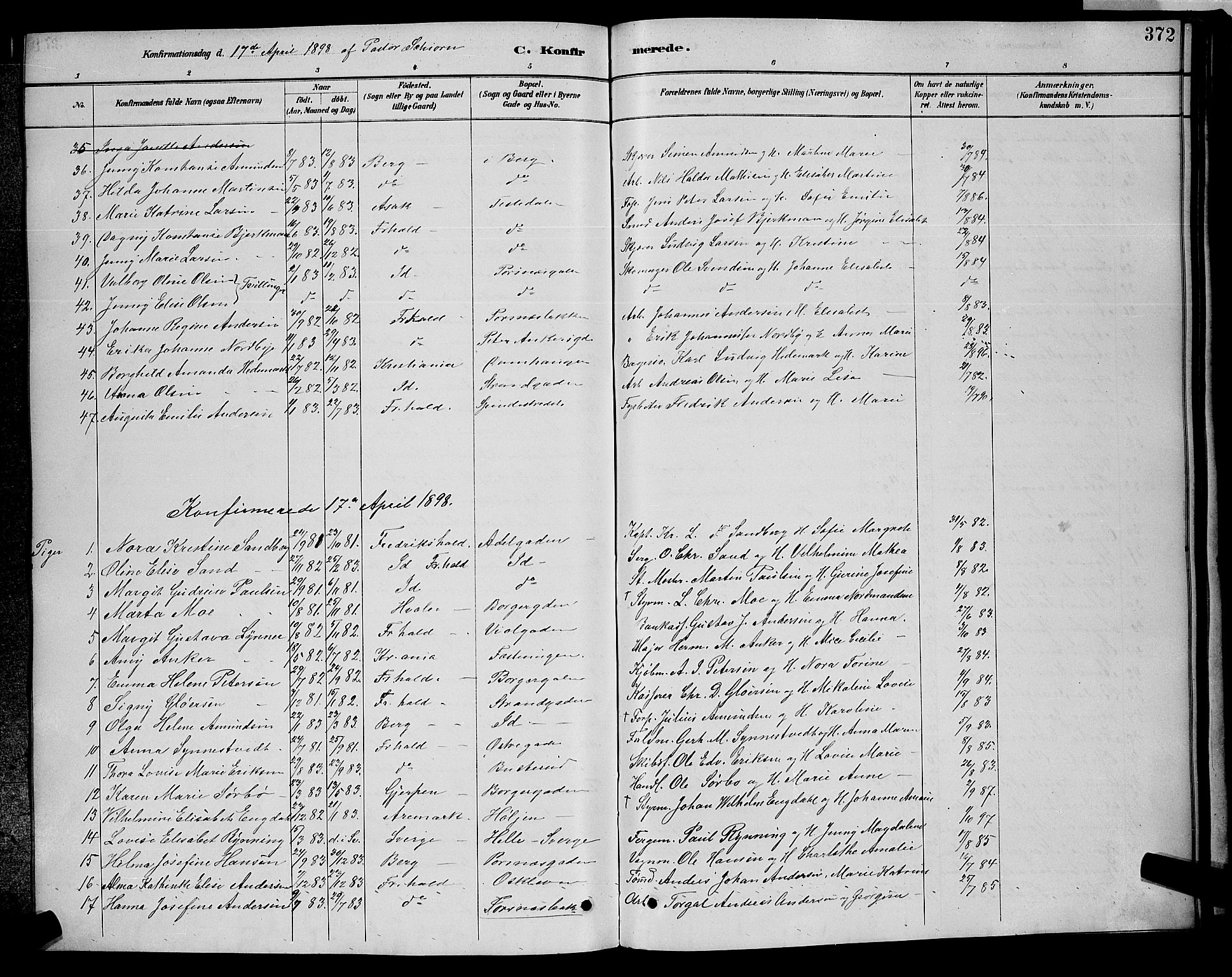 Halden prestekontor Kirkebøker, SAO/A-10909/G/Ga/L0008: Parish register (copy) no. 8, 1885-1899, p. 372