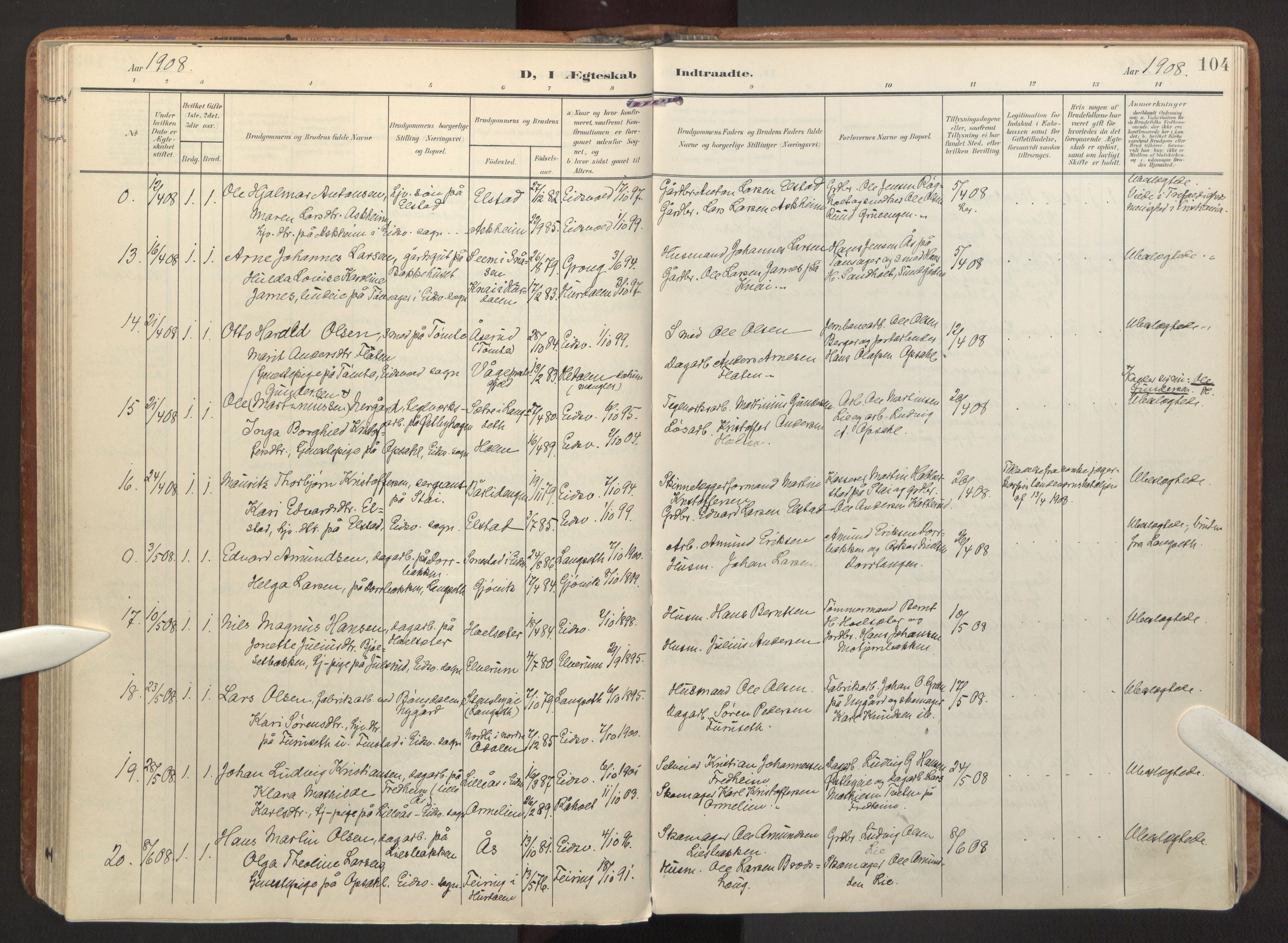 Eidsvoll prestekontor Kirkebøker, SAO/A-10888/F/Fa: Parish register (official) no. I 7, 1905-1920, p. 104