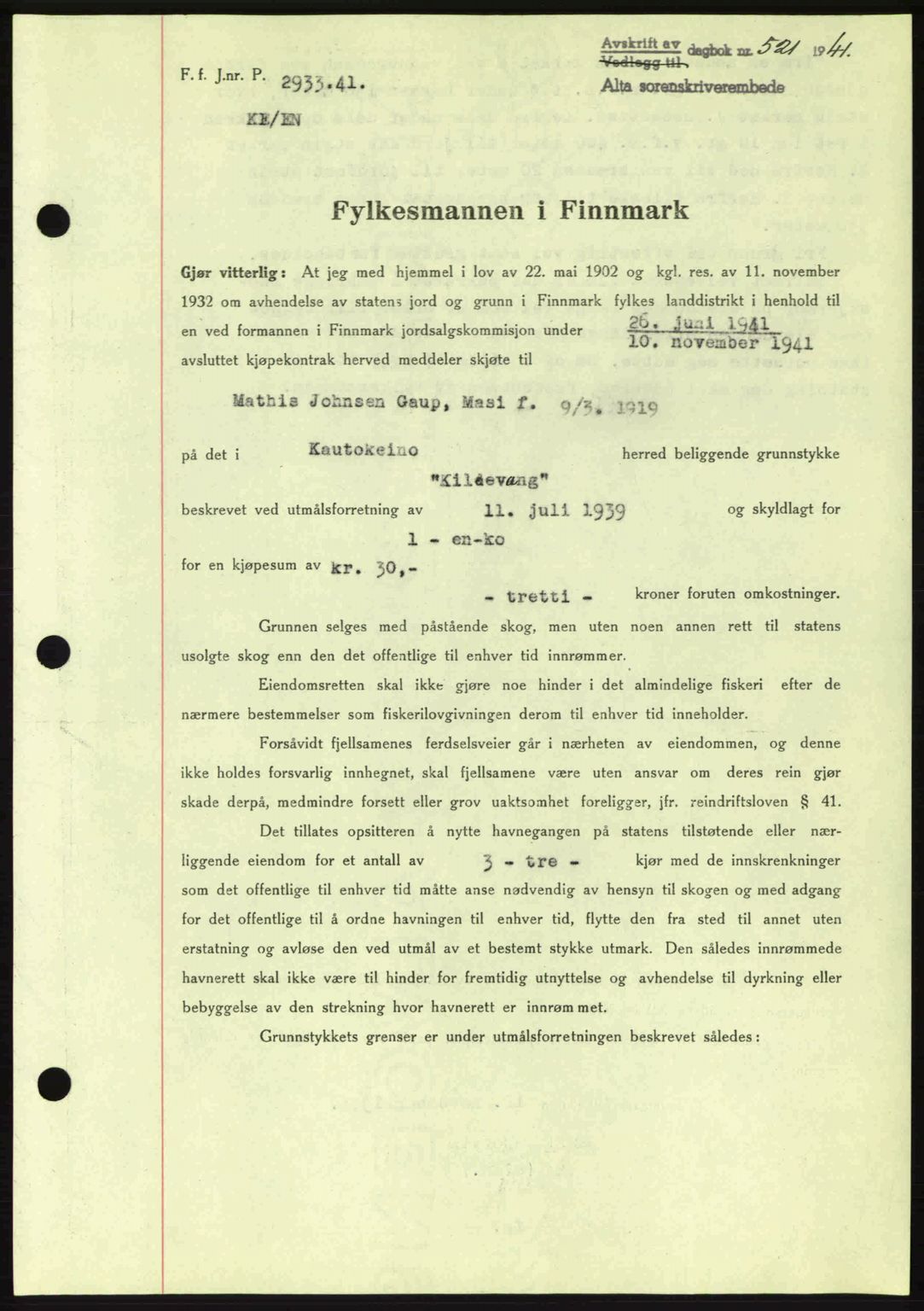 Alta fogderi/sorenskriveri, SATØ/SATØ-5/1/K/Kd/L0033pantebok: Mortgage book no. 33, 1940-1943, Diary no: : 521/1941