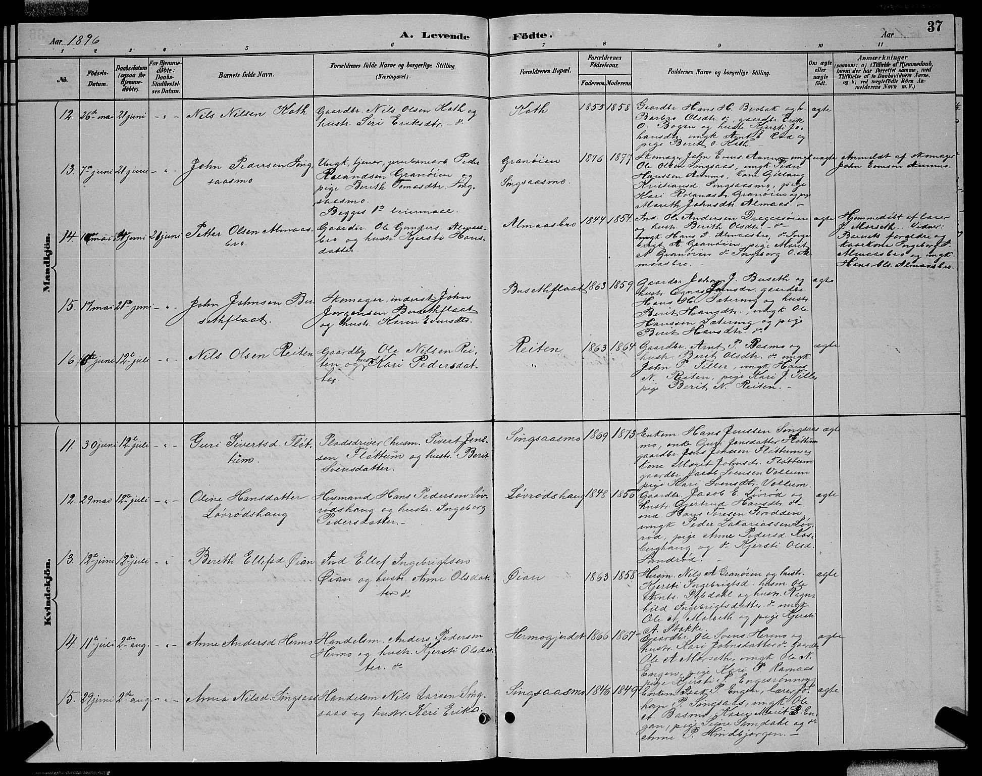 Ministerialprotokoller, klokkerbøker og fødselsregistre - Sør-Trøndelag, AV/SAT-A-1456/688/L1028: Parish register (copy) no. 688C03, 1889-1899, p. 37