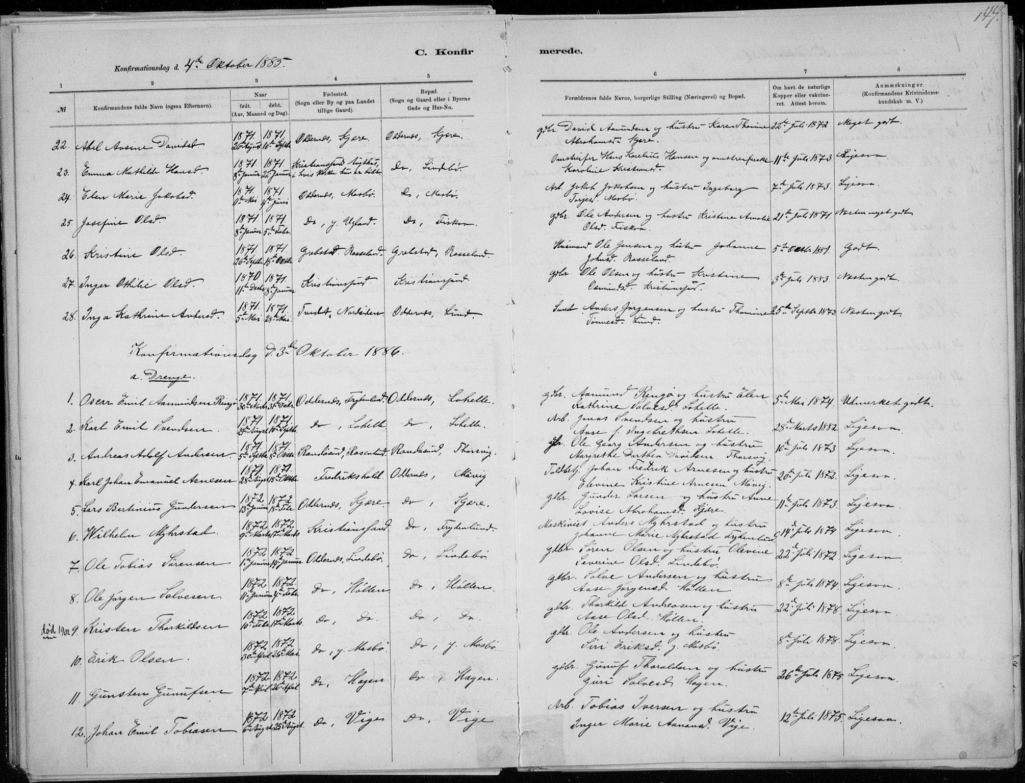 Oddernes sokneprestkontor, AV/SAK-1111-0033/F/Fa/Faa/L0009: Parish register (official) no. A 9, 1884-1896, p. 147