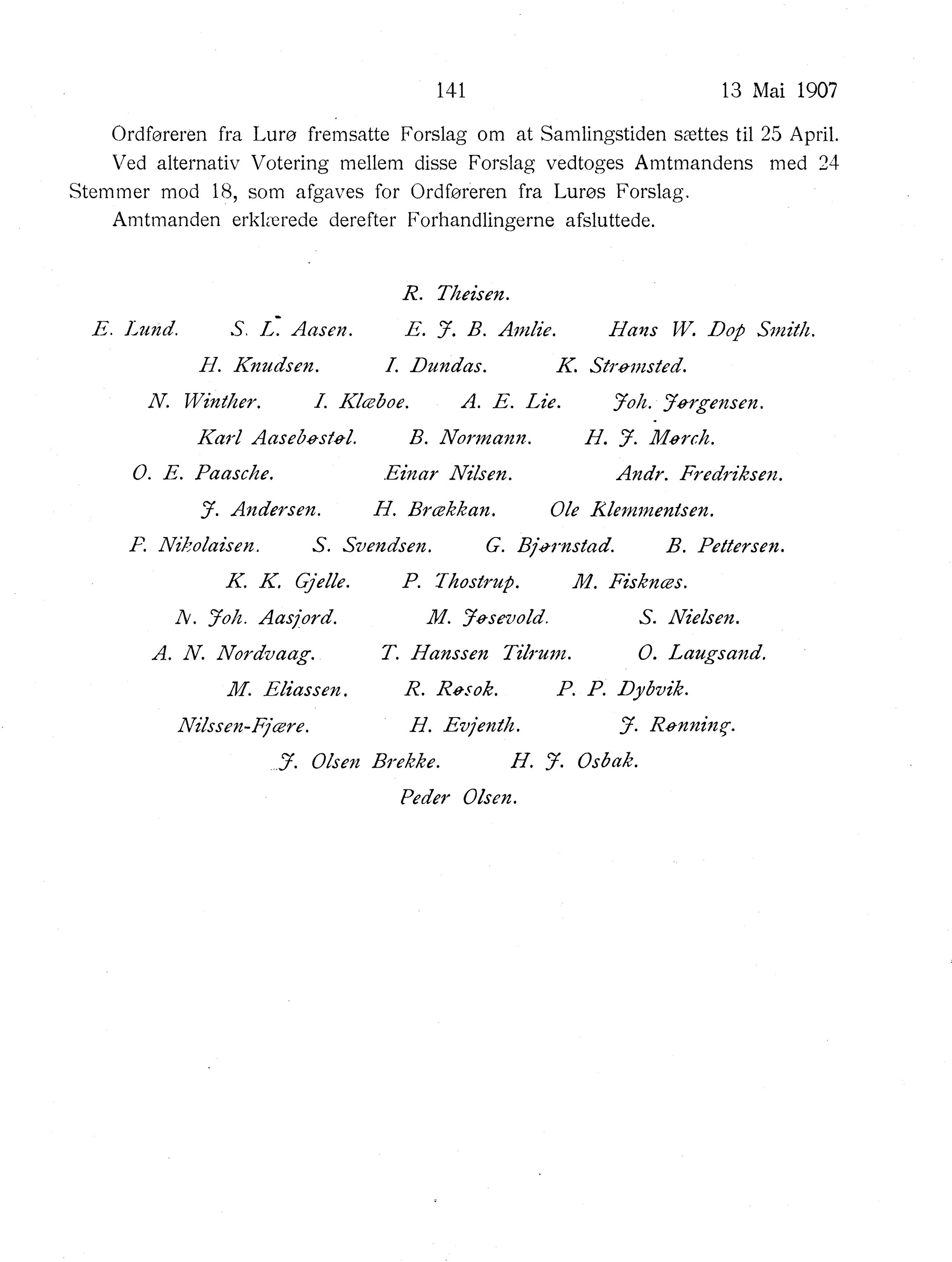 Nordland Fylkeskommune. Fylkestinget, AIN/NFK-17/176/A/Ac/L0030: Fylkestingsforhandlinger 1907, 1907