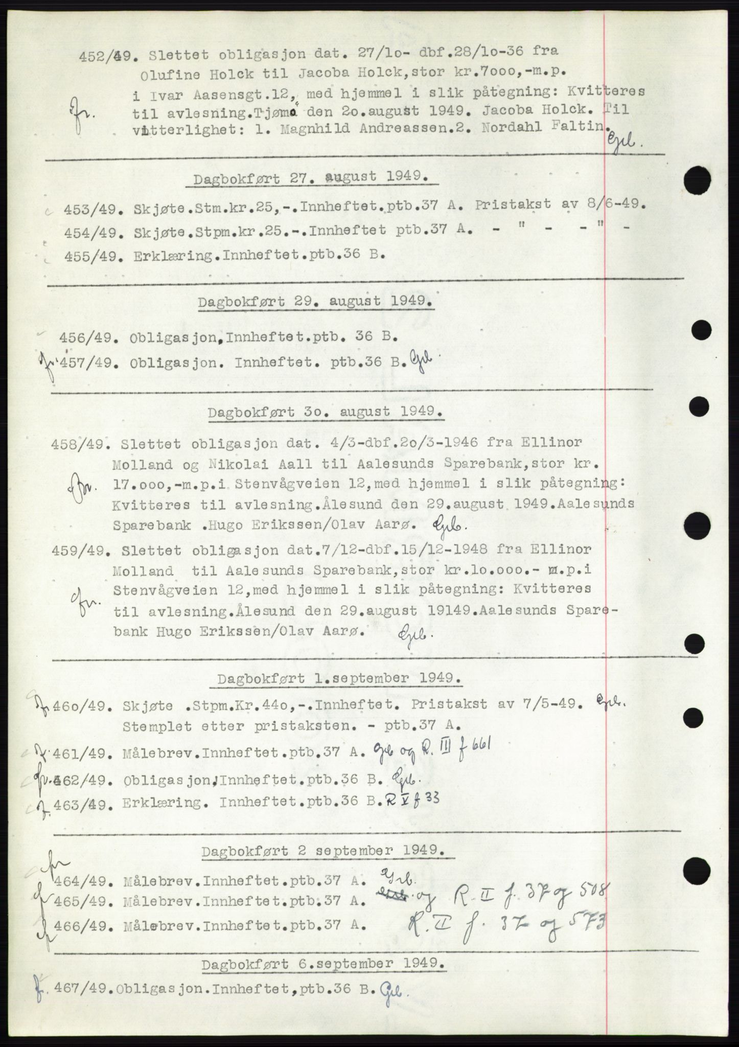 Ålesund byfogd, AV/SAT-A-4384: Mortgage book no. C34-35, 1946-1950, Diary no: : 452/1949