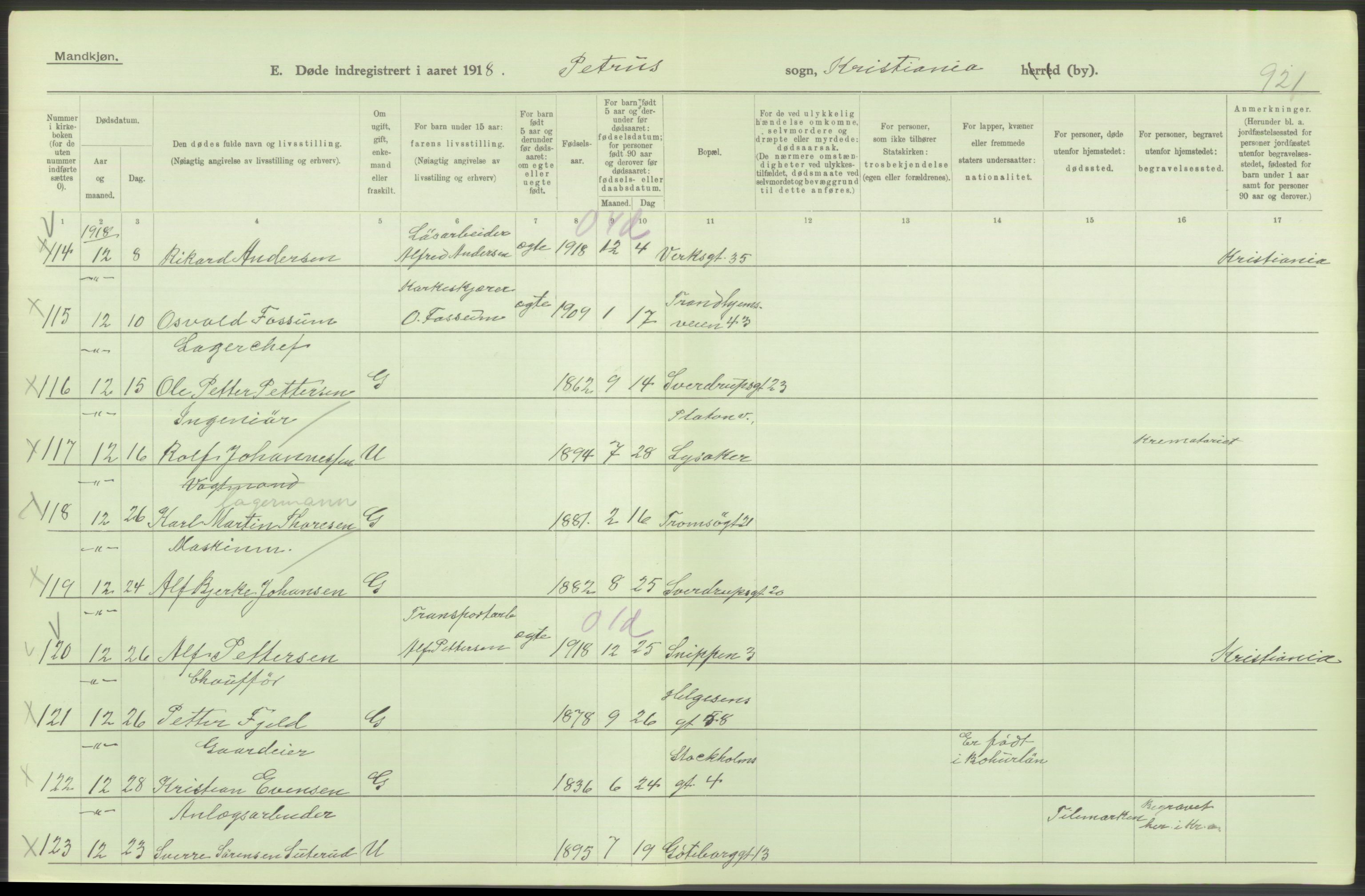 Statistisk sentralbyrå, Sosiodemografiske emner, Befolkning, AV/RA-S-2228/D/Df/Dfb/Dfbh/L0010: Kristiania: Døde, 1918, p. 588