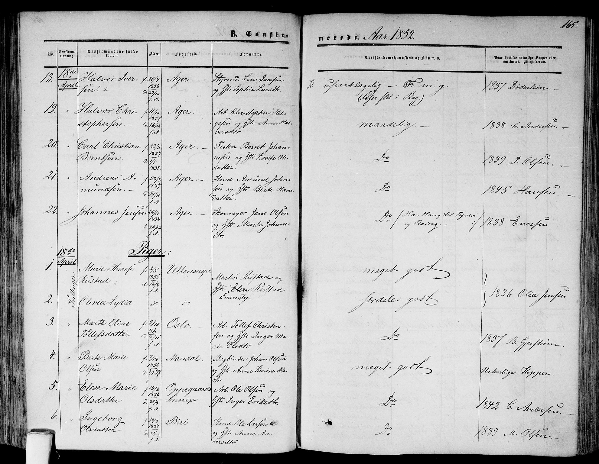 Gamlebyen prestekontor Kirkebøker, AV/SAO-A-10884/F/Fa/L0004: Parish register (official) no. 4, 1850-1857, p. 165