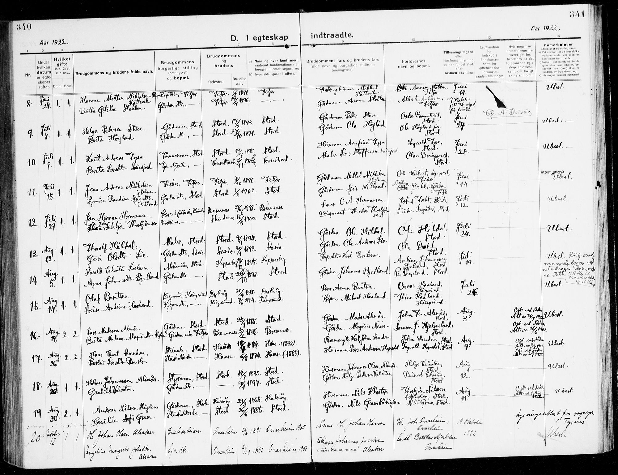 Stord sokneprestembete, AV/SAB-A-78201/H/Haa: Parish register (official) no. B 3, 1913-1925, p. 340-341