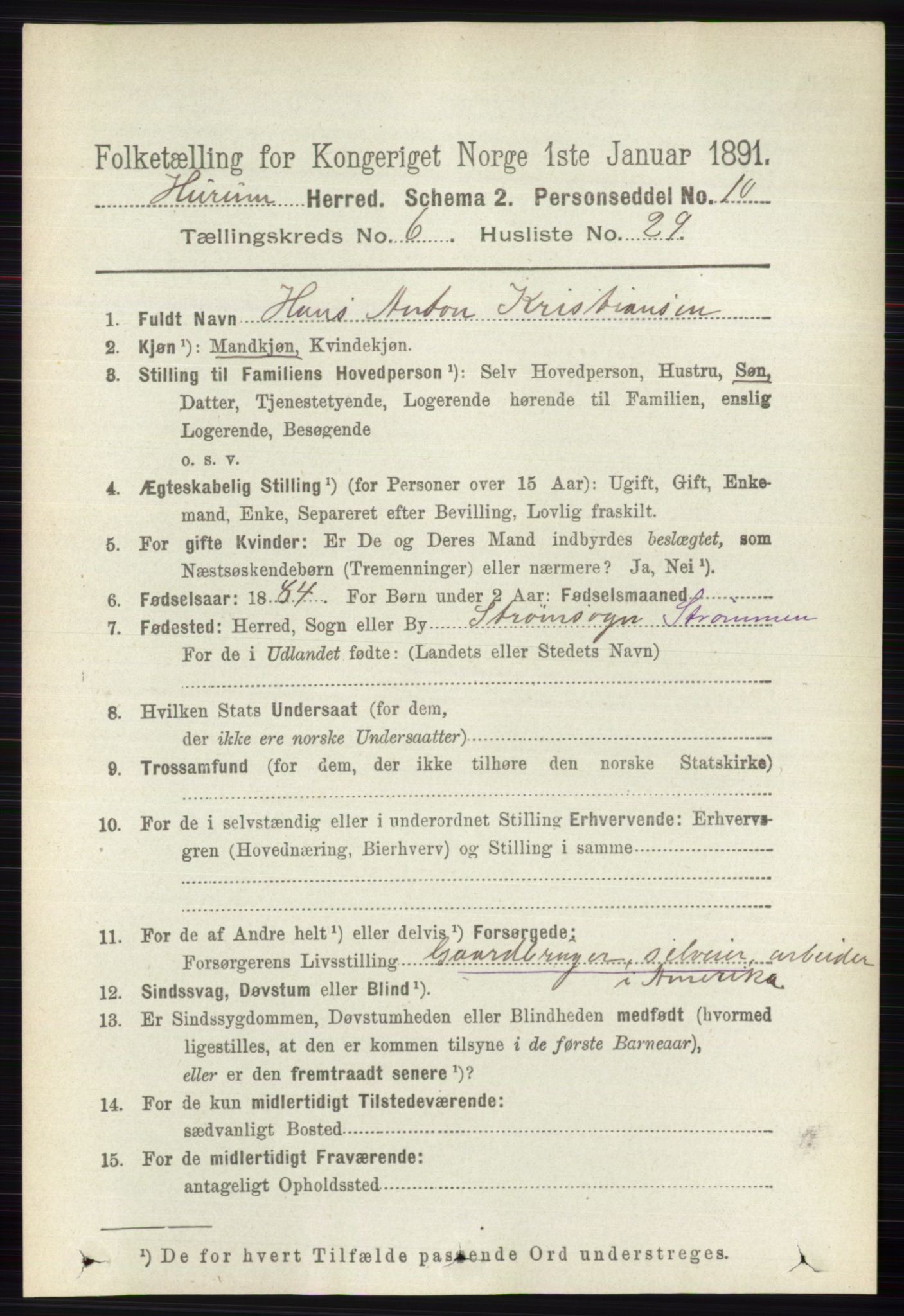 RA, 1891 census for 0628 Hurum, 1891, p. 2153