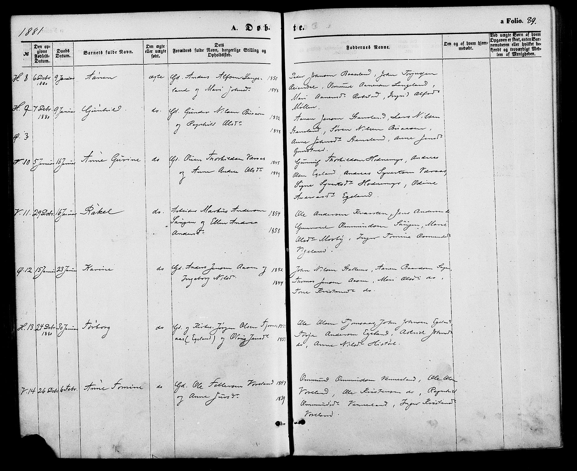 Vennesla sokneprestkontor, SAK/1111-0045/Fa/Fac/L0008: Parish register (official) no. A 8, 1874-1883, p. 89