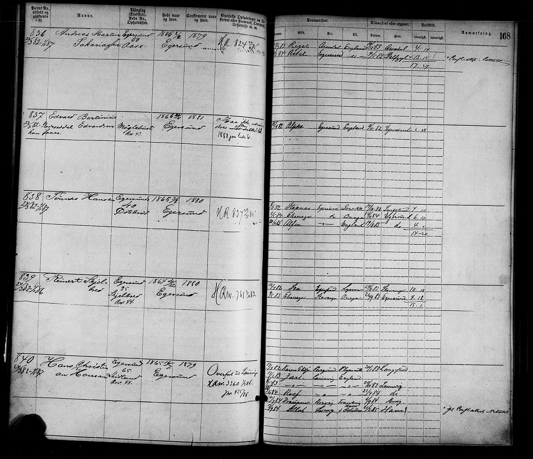 Egersund mønstringskrets, AV/SAK-2031-0019/F/Fa/L0001: Annotasjonsrulle nr 1-1440 med register, O-1, 1869-1895, p. 188