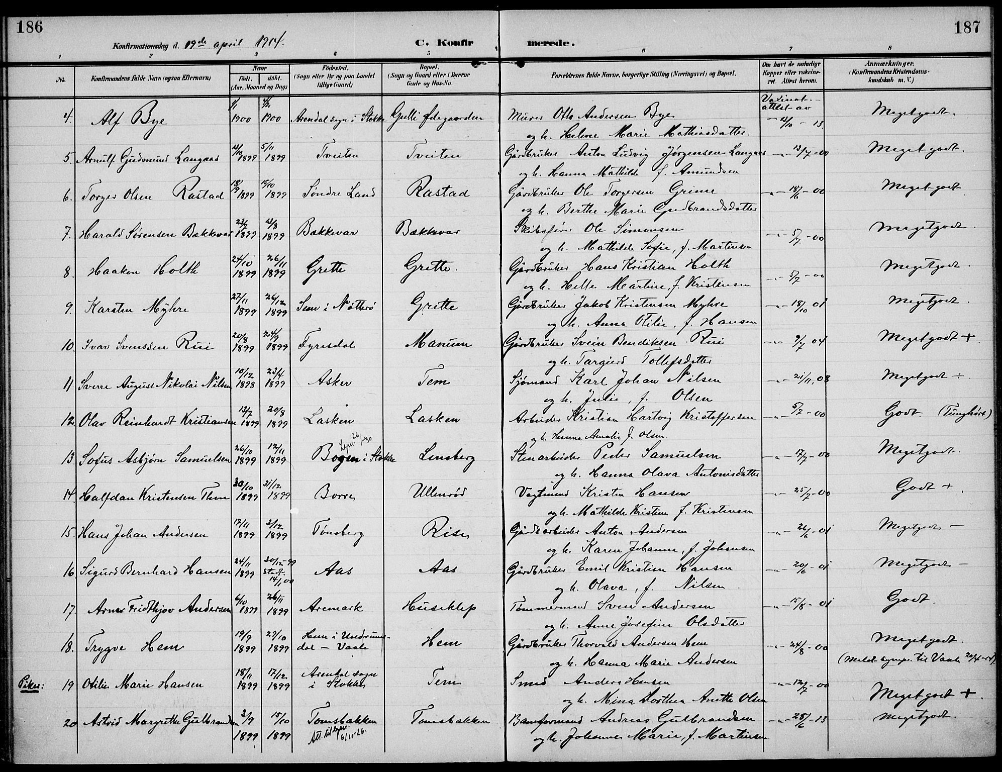 Sem kirkebøker, AV/SAKO-A-5/F/Fa/L0012: Parish register (official) no. I 12, 1905-1915, p. 186-187