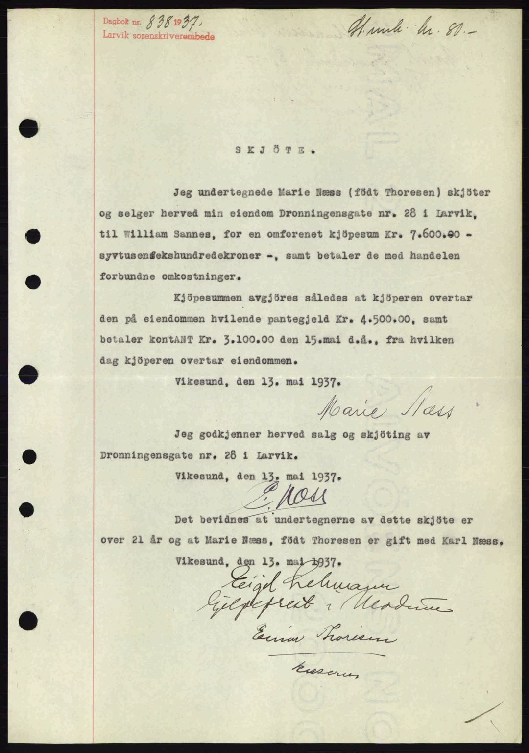Larvik sorenskriveri, SAKO/A-83/G/Ga/Gab/L0067: Mortgage book no. A-1, 1936-1937, Diary no: : 838/1937