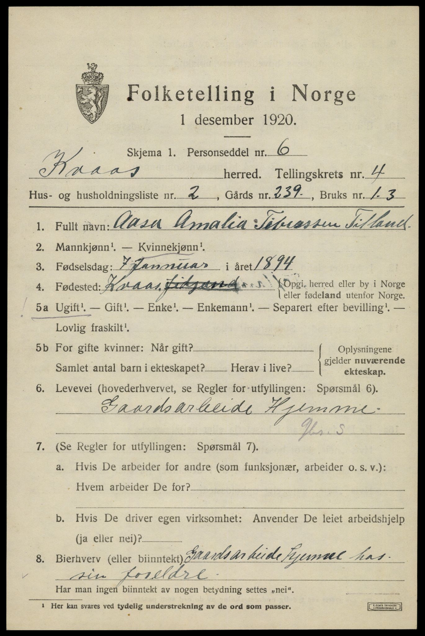 SAK, 1920 census for Kvås, 1920, p. 1184