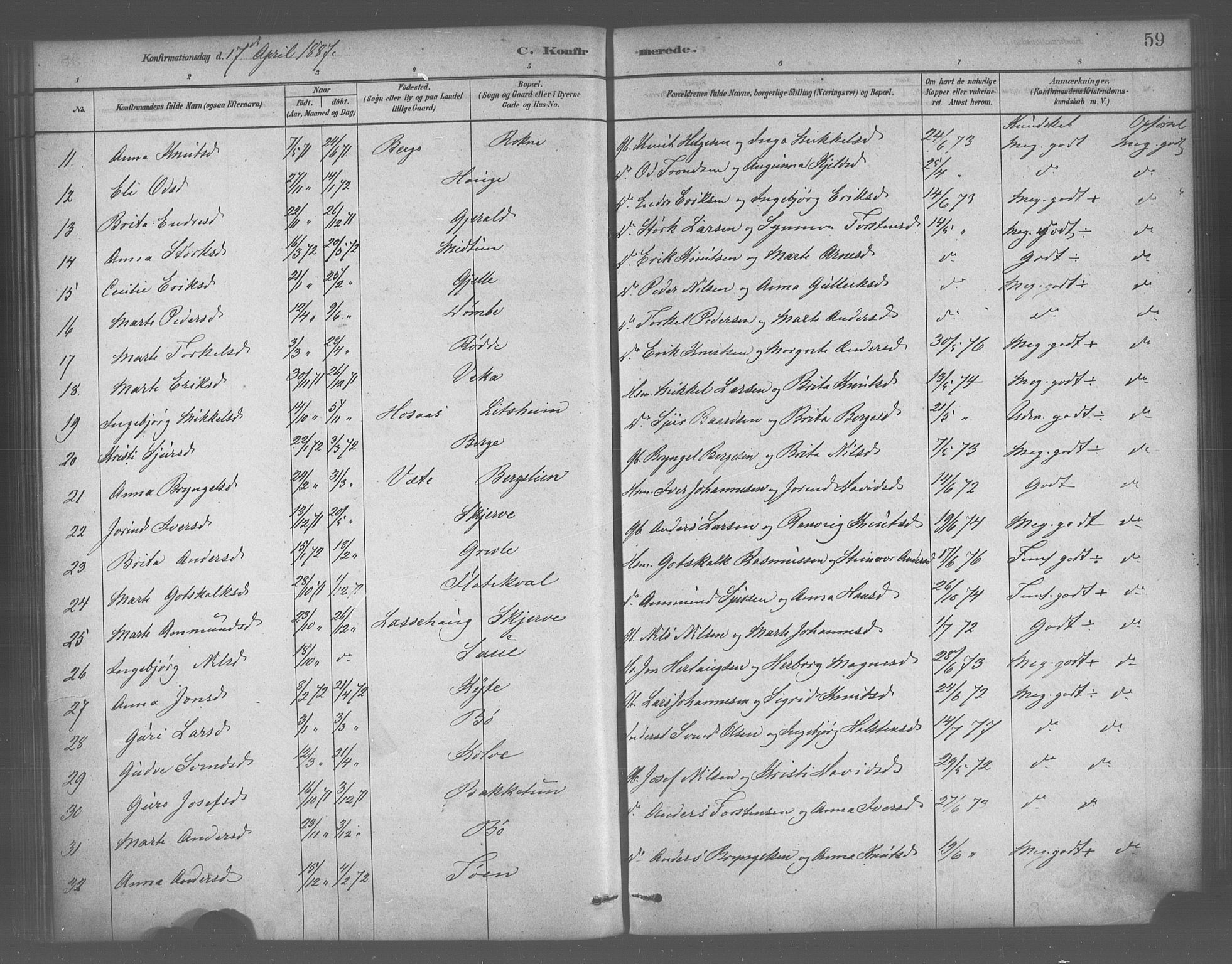 Voss sokneprestembete, SAB/A-79001/H/Haa: Parish register (official) no. B 1, 1877-1899, p. 59