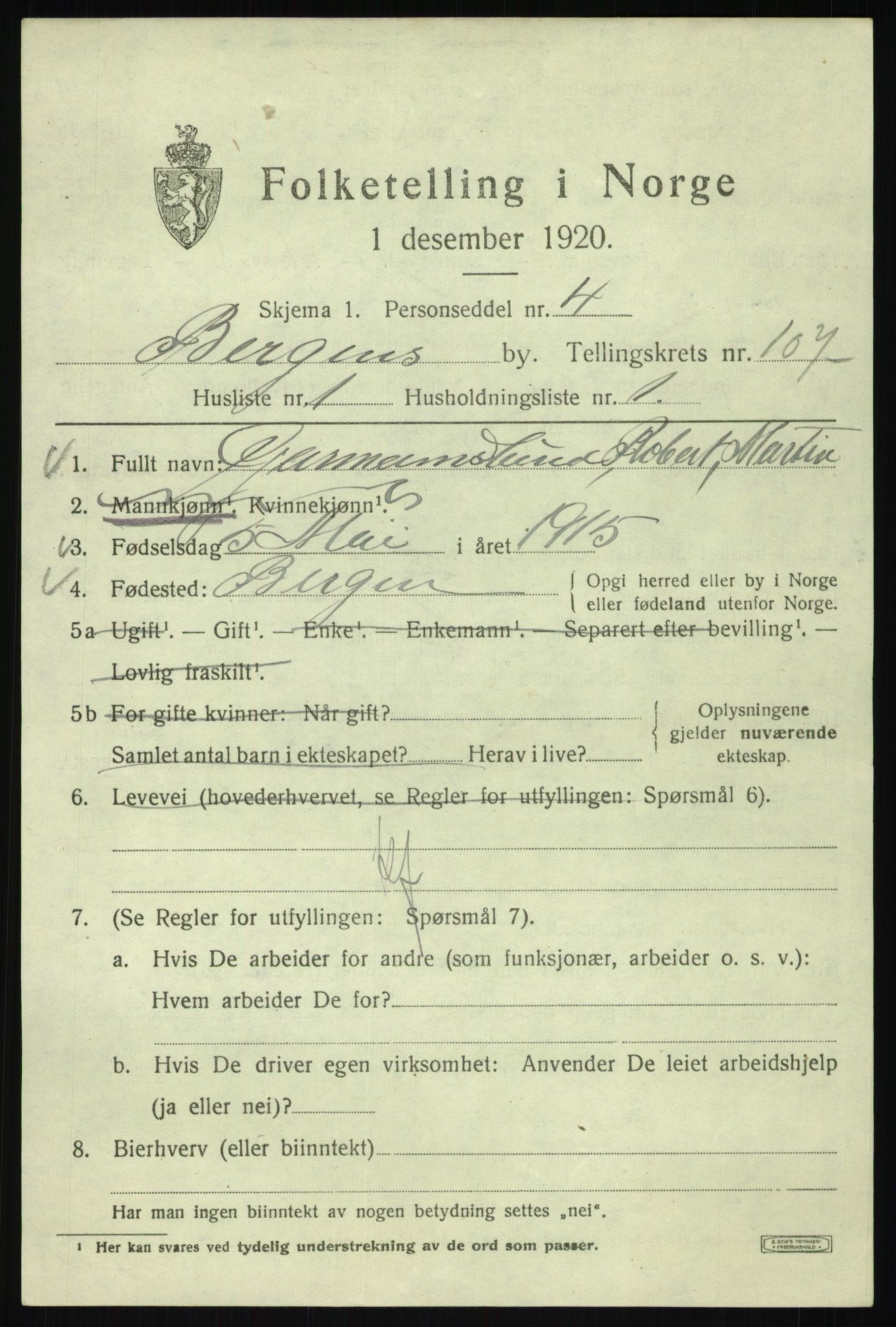 SAB, 1920 census for Bergen, 1920, p. 184794