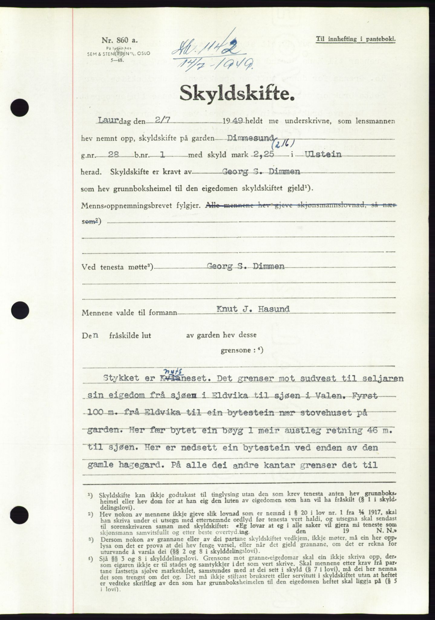 Søre Sunnmøre sorenskriveri, AV/SAT-A-4122/1/2/2C/L0084: Mortgage book no. 10A, 1949-1949, Diary no: : 1142/1949