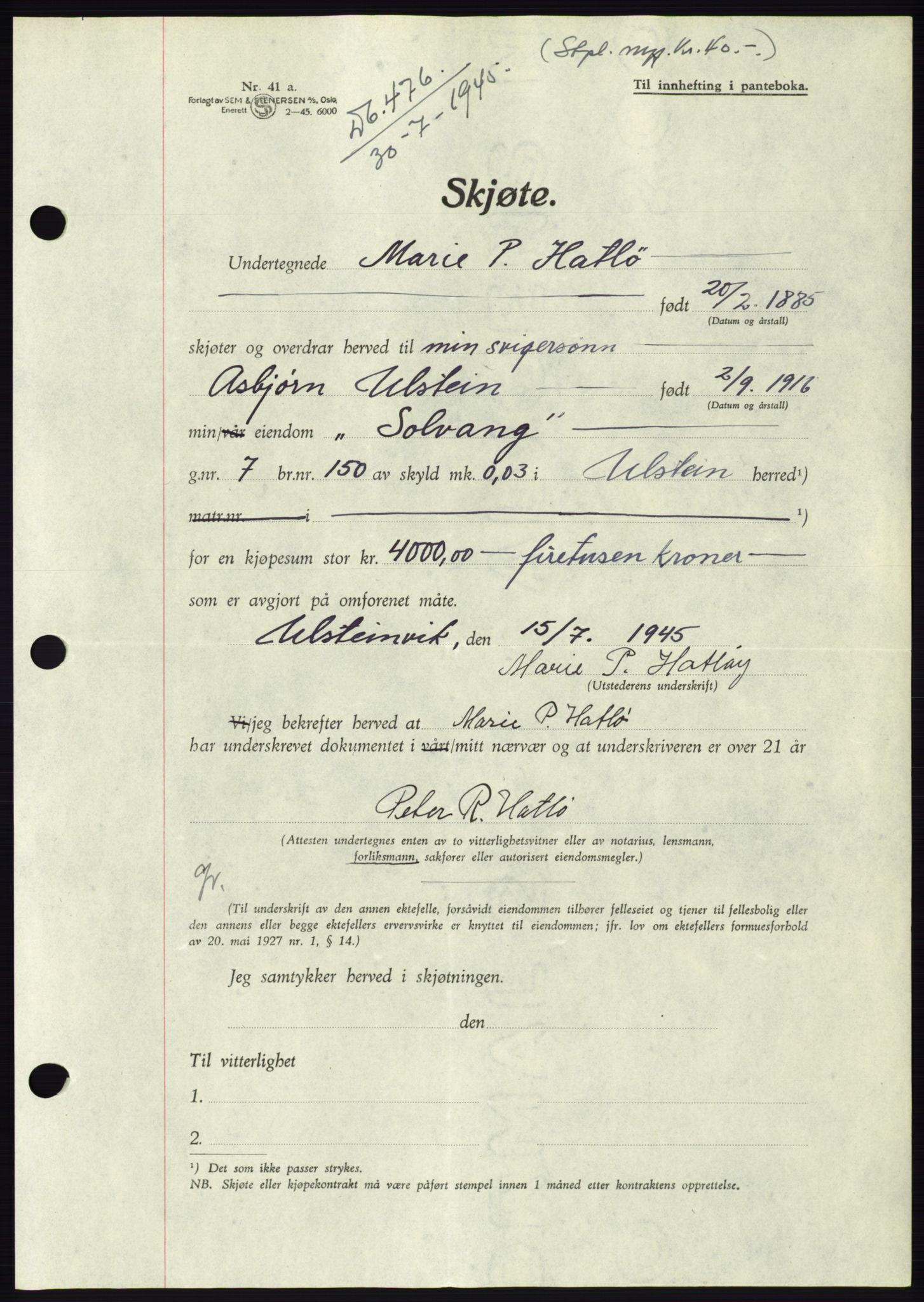 Søre Sunnmøre sorenskriveri, AV/SAT-A-4122/1/2/2C/L0077: Mortgage book no. 3A, 1945-1946, Diary no: : 476/1945