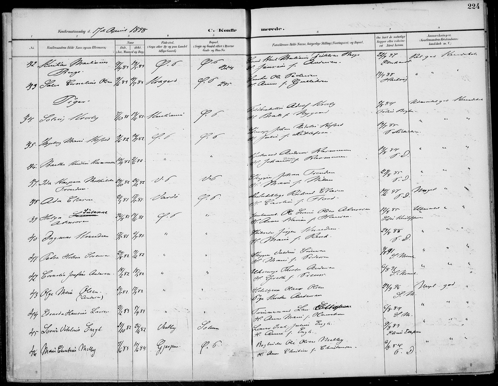 Porsgrunn kirkebøker , AV/SAKO-A-104/F/Fa/L0011: Parish register (official) no. 11, 1895-1919, p. 224