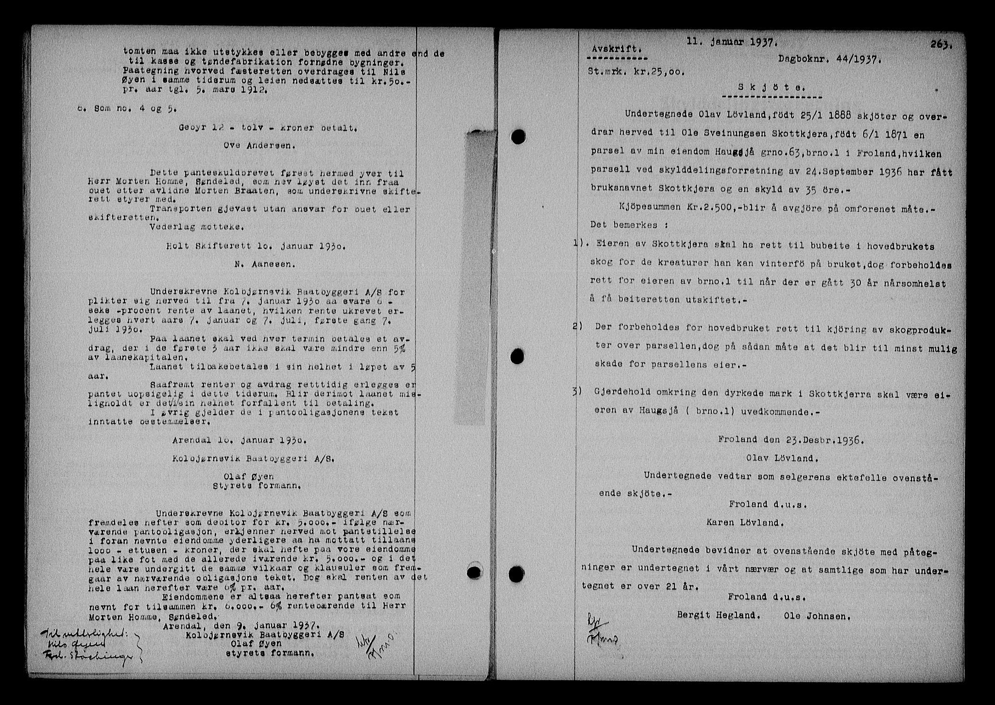 Nedenes sorenskriveri, SAK/1221-0006/G/Gb/Gba/L0043: Mortgage book no. 39, 1936-1937, Diary no: : 44/1937