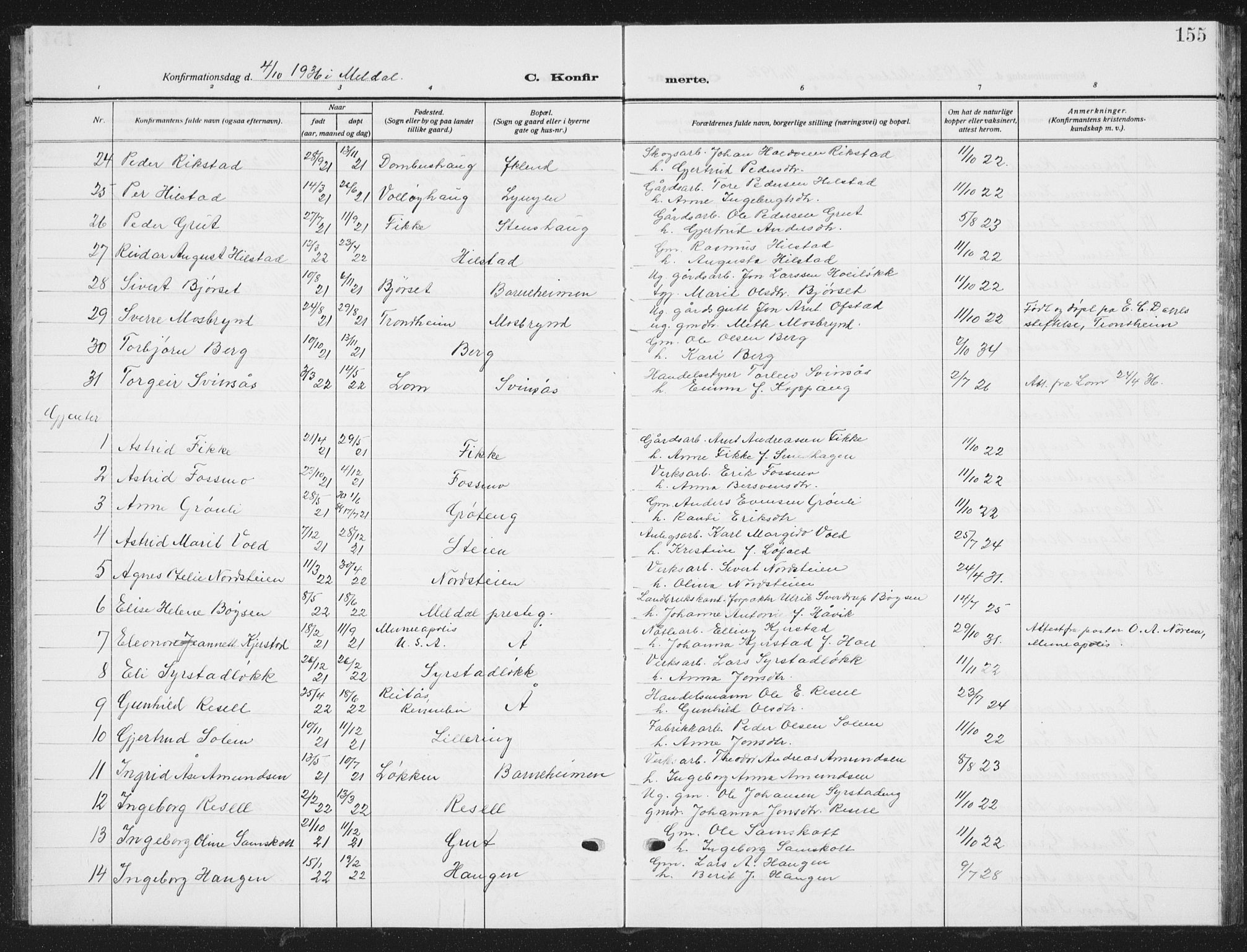 Ministerialprotokoller, klokkerbøker og fødselsregistre - Sør-Trøndelag, SAT/A-1456/672/L0866: Parish register (copy) no. 672C05, 1929-1939, p. 155